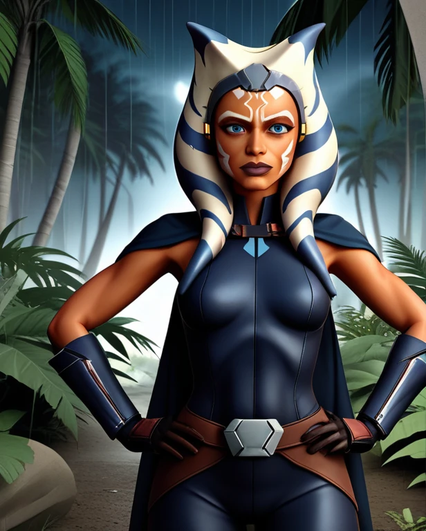 zPDXL, source_anime, BREAK ahsoka tano, cape, armor,black gloves,tight bodysuit,black cape,black pants, BREAK close-up, solo, standing, front view, medium breasts, hands on hips, wide hips, BREAK x3dce, 3d, jungle background, dense vegetation, rain, night, night sky,