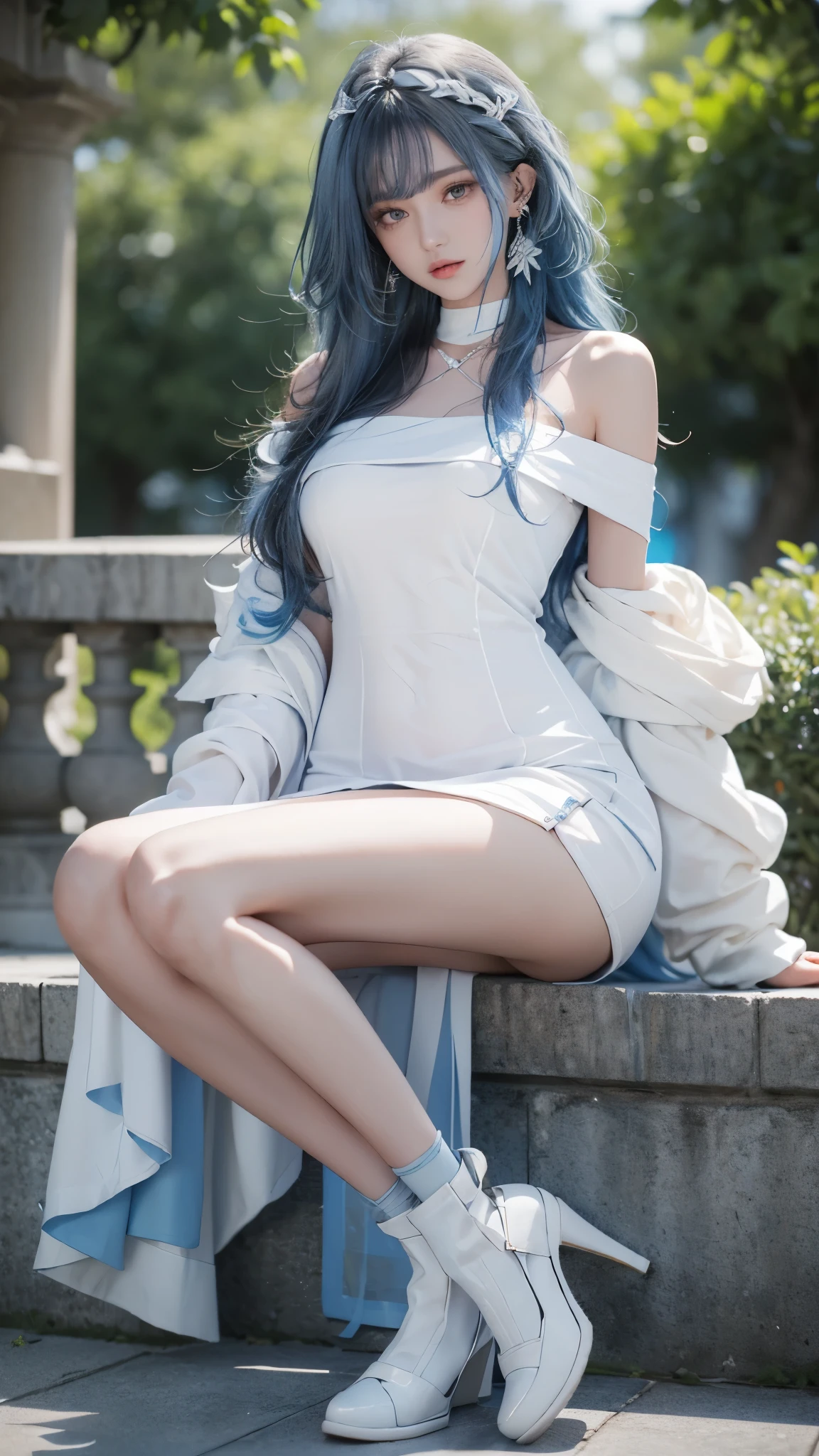 （the street：1 girl with blue hair，Get up，One word step+）， tmasterpiece， Best quality， RAW photos， realistically， the face， Incredibly ridiculous Resourcetra long brown curly hair around the ears)，eye shadows，techwear outfits，(White off-the-shoulder over-the-knee dress)，White off-shoulder long dress，(White tight flats，depth of fields， A high resolution， ultra - detailed， filigrees， RAWE is very detailed， The details of the eyes and face are very rich， Sharp pupils， realistic student， lock focus， movie lighting，Full body lesbian，The large，The legs look very long from the front，dynamicposes，Normal posture，closeup of face