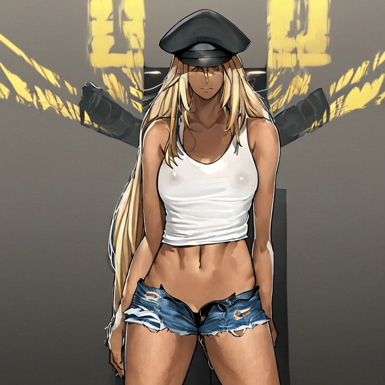 Black police hat, white tank top, belly button exposed, ripped denim shorts, crotch emphasis, nice body, one blonde beauty, tall, long hair, ultra high quality