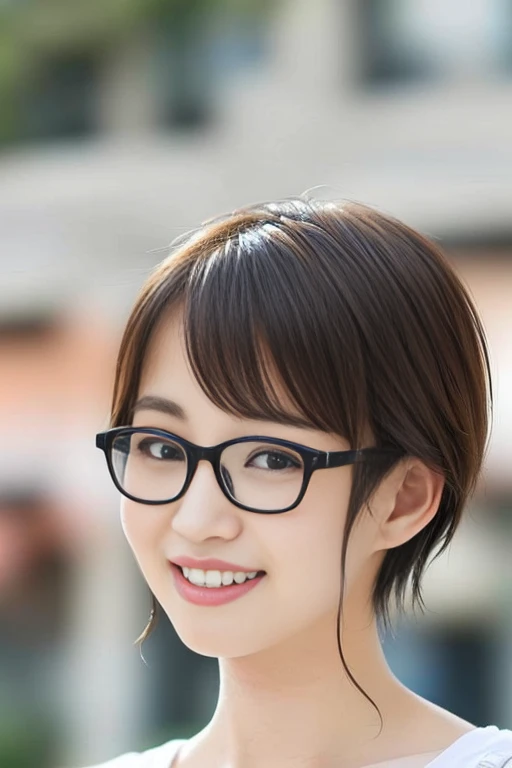 Japanese、Wearing black-rimmed glasses、smile、woman、25 years old、brown hair、short hair、one piece