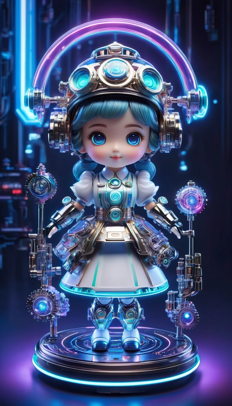 Pixar style, (Blind box toy style:1.2), (full-body shot) , 1 transparent cute mechanical nurse doll, Transparent mecha, Exquisite nurse hat:1.2, 夜Light护目镜:1.2, Colorful neon Lights, High-tech mechanical parts, Metal body, Detailed mechanical metal design, bright colors, 動態發Light, 反Light金属表面, Bright environment, dynamic poses, Exquisite existence, Skill improvement, Interlocking mechanical gears, Stylish design, motion blur effect, Metalworking details, Sci-fi atmosphere, Streamlined aerodynamic shape, 激Light扫描图案, Holographic projection, LED Light track, beautiful and unforgettable, Advanced sensors, complex algorithm, Ominous and mysterious atmosphere, electric spark, Shiny chrome plating, Propulsion systems of the future, Clean, White background, (global illumination, Light线追踪, high dynamic range, Unreal rendering,Reasonable design, high detail, masterpiece, best quality, ultra high definition, Light)，chibi，locomotive，3D style