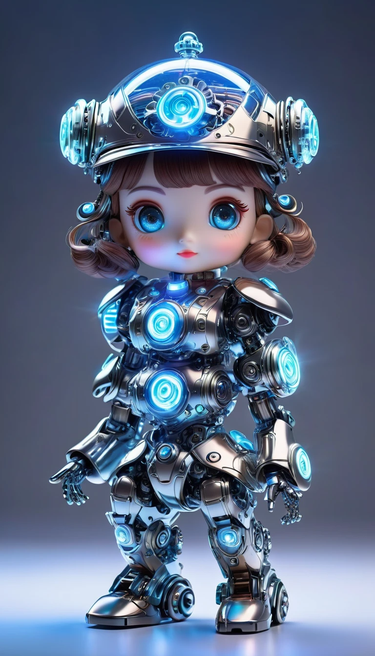 Pixar style, (Blind box toy style:1.2), (full-body shot) , 1 transparent cute mechanical nurse doll, Transparent mecha, Exquisite nurse hat:1.2, 夜Light护目镜:1.2, Colorful neon Lights, High-tech mechanical parts, Metal body, Detailed mechanical metal design, bright colors, 動態發Light, 反Light金属表面, Bright environment, dynamic poses, Exquisite existence, Skill improvement, Interlocking mechanical gears, Stylish design, motion blur effect, Metalworking details, Sci-fi atmosphere, Streamlined aerodynamic shape, 激Light扫描图案, Holographic projection, LED Light track, beautiful and unforgettable, Advanced sensors, complex algorithm, Ominous and mysterious atmosphere, electric spark, Shiny chrome plating, Propulsion systems of the future, Clean, White background, (global illumination, Light线追踪, high dynamic range, Unreal rendering,Reasonable design, high detail, masterpiece, best quality, ultra high definition, Light)，chibi，locomotive，3D style