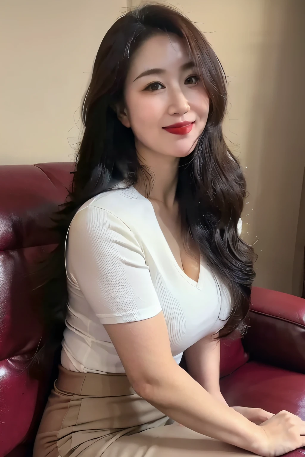((top quality、8k、masterpiece:1.3))、sharp focus, High level of image quality, high resolution,Shirts and shirts,business attire,37-year-old woman with long wavy hair,Mature,charming smile,Draw lips correctly, red lipstick,stand,Chubby body,Big breasts,On black sofa background,full-body shot