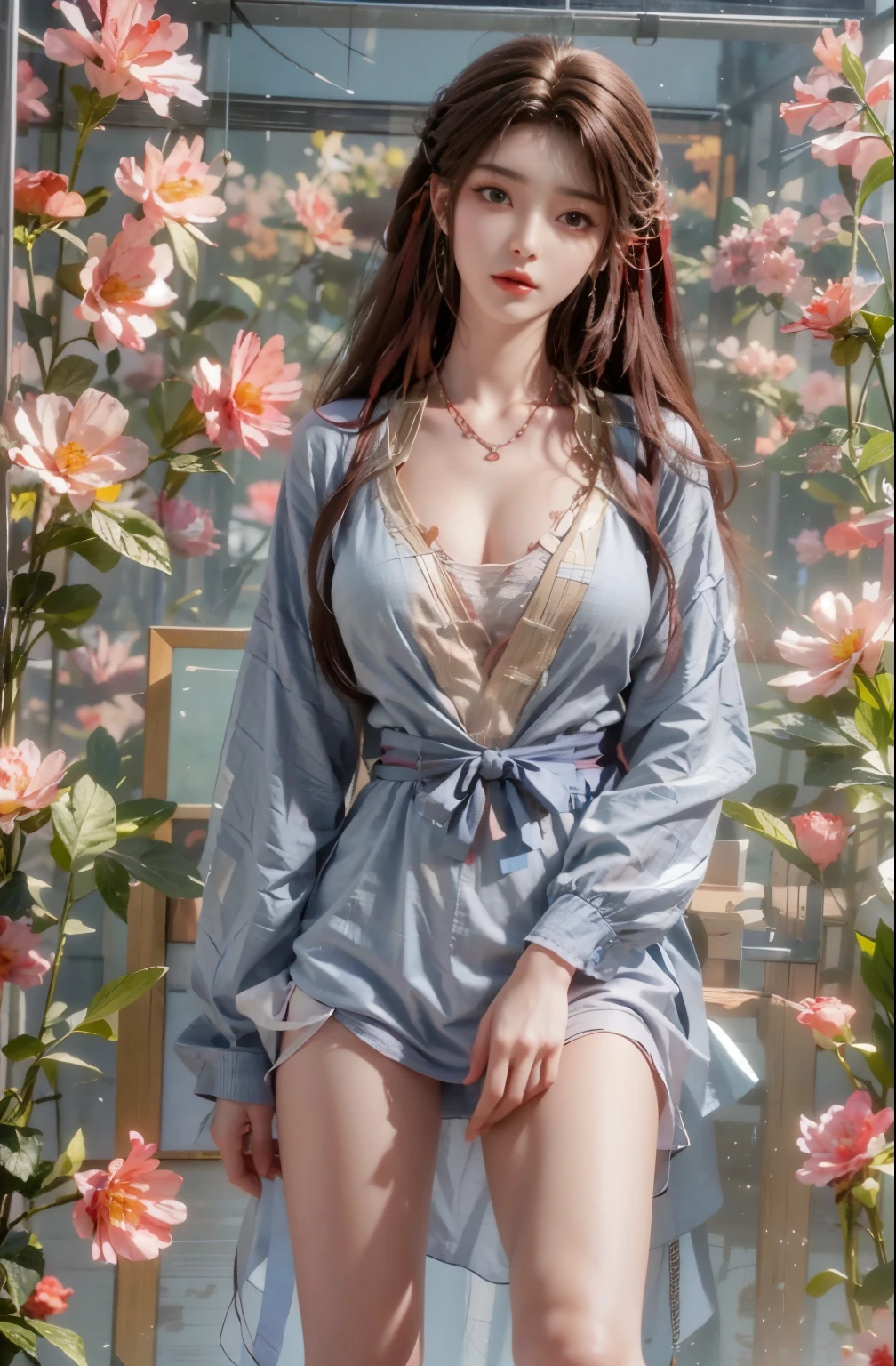 Sweet Women&#39;s Pearl Necklace,Blue clothing,flowers,Reality,high resolution,a woman,unique,(Detailed face),black头发,brown eyes,beauty,cleavage,black,(Best Illustration:1.1),(best shade:1.1),表达glow的皮肤。actual、(Reality主义:1.37)、(K-Pop Idols)、Nice hairstyle、long hair、(Pink red glow)、(glow)、(alone)、dynamic、(slim legs)、north african trade zone、The content is very detailed的环境阻塞、超high resolution、surreal、The content is very detailed，blue clothes，huge ，stand