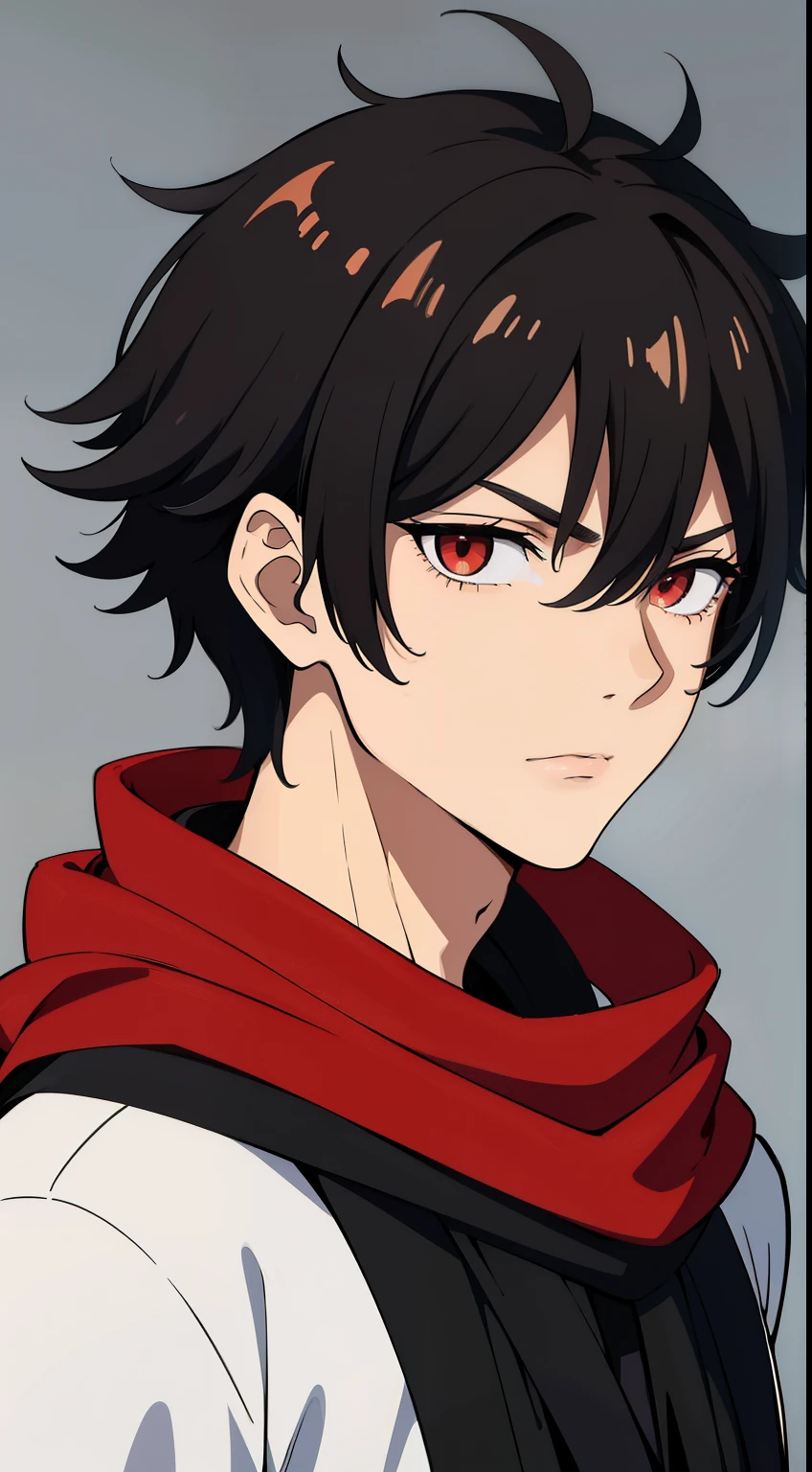 (high-quality, breathtaking),(expressive eyes, perfect face) 1boy, male, solo, age 18, ager age, masculine face, black color hair, red eye color, spiky fluffy hair, short hair length, messy loose hair, red and black tunic, greek clothing, ancient greek clothing, greek god clothing, black scarf, narrow eyes, Symmetrical Eyes, portrait, serious expression, grey background
