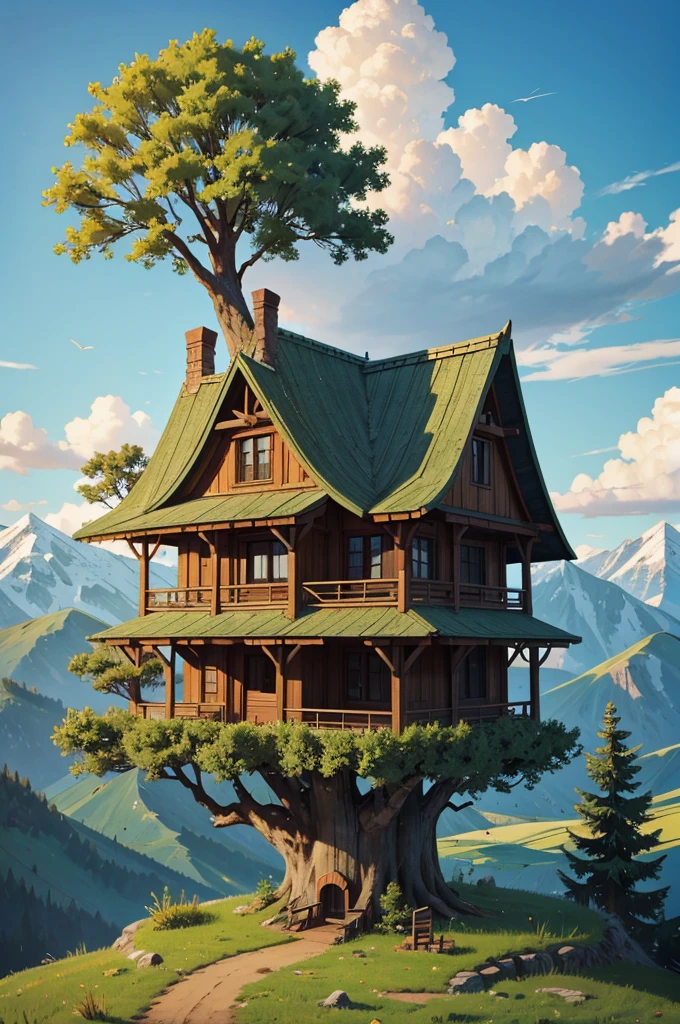 A vast green plain of rolling hills. With snow-capped mountains in the distance. A massive tree stands lonely on the plain. An archeofuture farm with many buildings is built along its roots and a magical tree house within the tree..