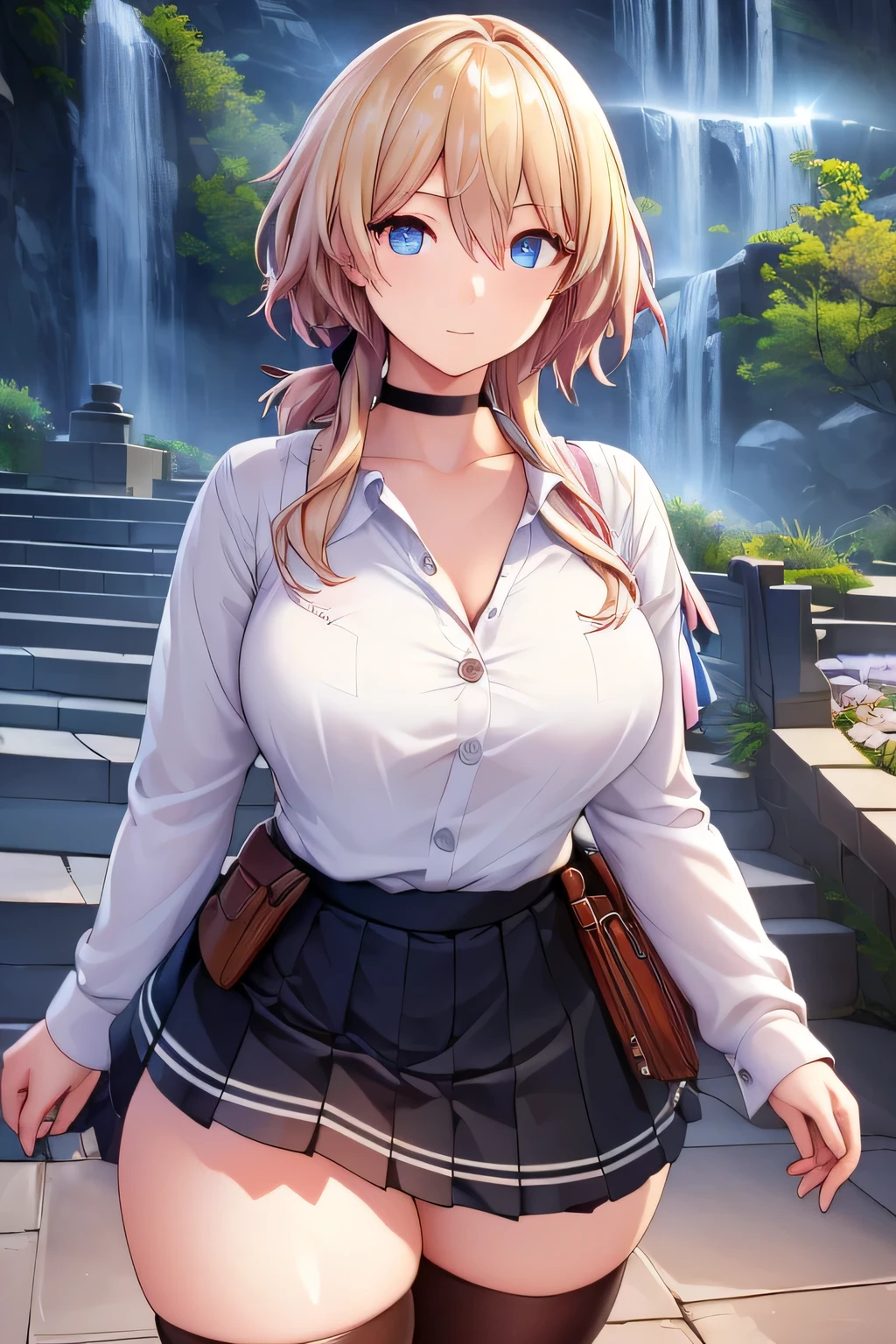 (masterpiece:1.2, top-quality), (realistic, photorealistic:1.4), beautiful illustration, (natural side lighting, movie lighting), looking at viewer, cowboy shot, front view:0.6, 1 girl, japanese, high school girl, perfect face, cute and symmetrical face, shiny skin, (middle hair:1.7, side ponytail:1.7, blond hair), hair between eyes, blue eyes, long eye lasher, (large breasts:0.9, thick thighs), beautiful hair, beautiful face, beautiful detailed eyes, beautiful clavicle, beautiful body, beautiful chest, beautiful thigh, beautiful legs, beautiful fingers, ((black pleated mini skirt, black stockings, unbuttoned white shirt)), black hair ribbon, pink panties, (beautiful scenery), evening, riverside, walking, hands on chest, (excited face, very happy),