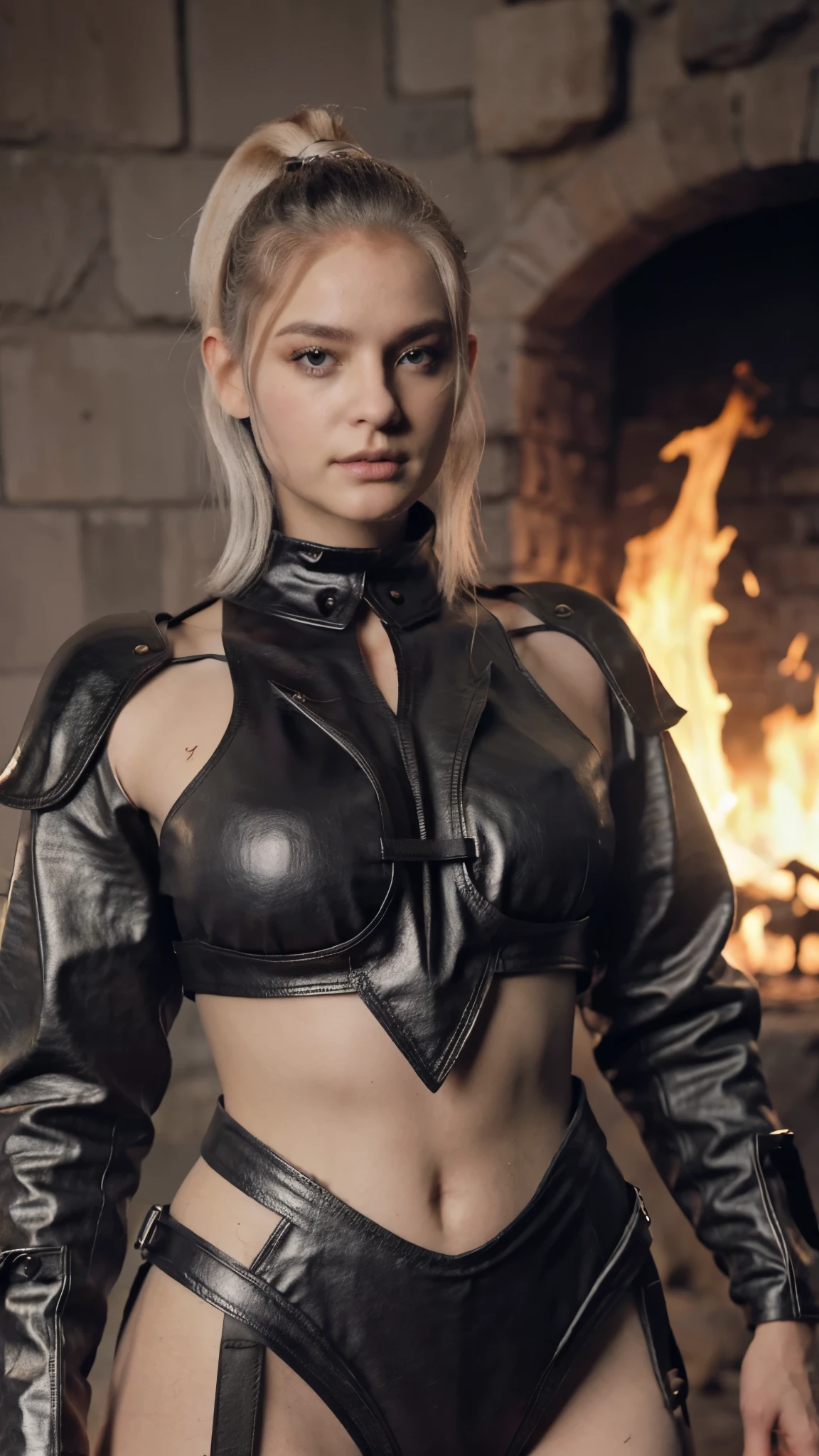 Mulher branca, com cabelos longos, white prisoners wearing black armor made from dragon hide. Segurando uma arma de fogo antigas estilo trabuco.