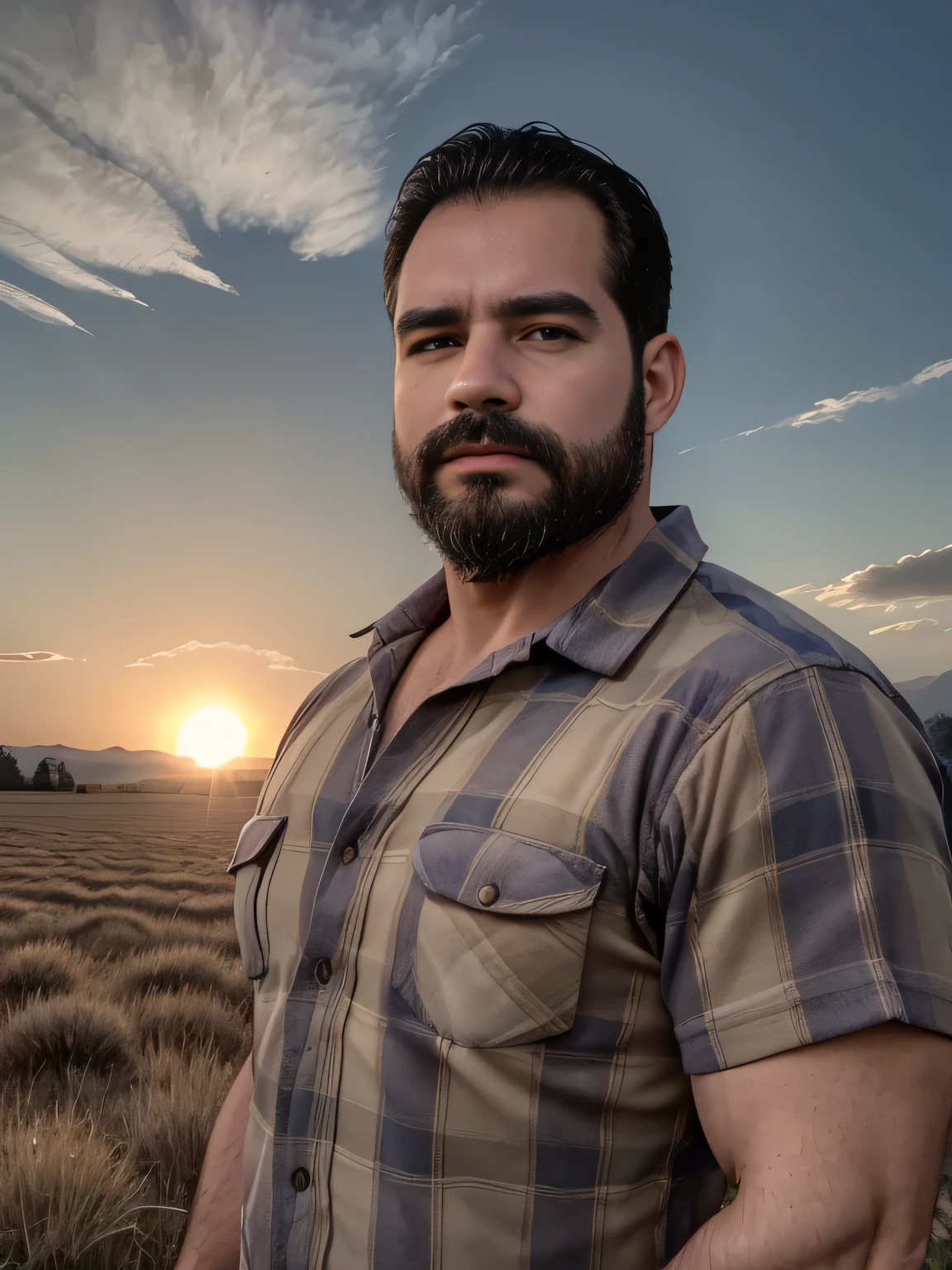 obra maestra, Mejor calidad, high resolution, Retrato de primer plano, (1 chico:1.4) A man in a lumberjack suit, muscular, (descamisado: 1.2) enfoque masculino, enfocarse solo, piel bronceada, middle-aged man in lumberjack clothing, muscular, fuerte, peludo, masculino, (descamisado: 1.2), al fondo una granja, en un eclipse de sol, amazing composition, Vista frontal, HDR, volumetric lighting, (plano general, desde el frente:1.2) (GS-Macho :1.5) (magnificent landscape:1.2)