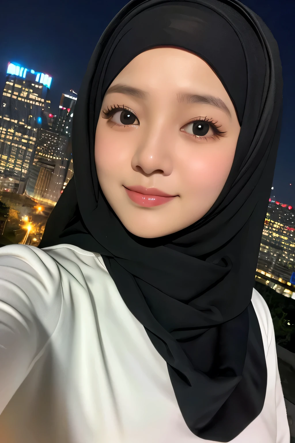 hijabis malay ager selfie with night view, white blouse and black hijab