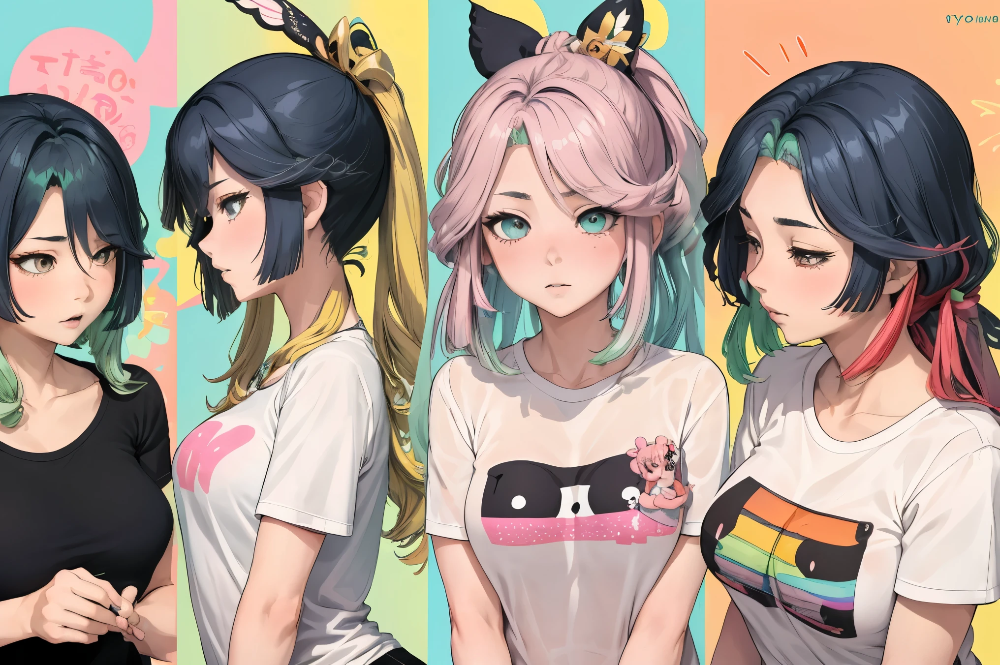 ((4woman:1.5)) a t - shirt, chiho, shiori teshirogi, by Ayami Kojima, Yoshitomo Nara, shikamimi, narumi kakinouchi, kawaii decora rainbowcore, yukii morita, sakimichan,colorful]”