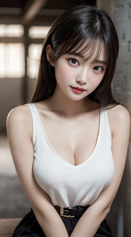 innocent 20 year old girl、（（white vest， dramatic pose）），Smile，shortcut，natural Park、original photo， （8K、top quality、masterpiece：1.2）、（Intricate details：1.4）、（Realism：1.4）、Octane number renderings、複雜的3D渲染Ultra-detailed， Studio soft light， edge light， Vibrant details， Ultra-detailed， Realistic skin texture， Detailed face， beautiful details eyes， Very detailed CG Unity 16k wallpaper， cosmetics， （ Detailed background：1.2）， shiny skin， whole body、cleavage，（（Stand with hands folded behind your back、Leaning forward、perspective from above））sexy sitting