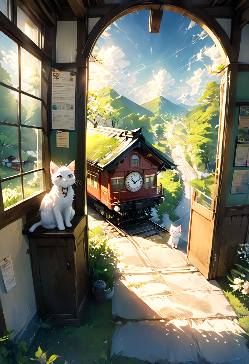 (8K、Raw photo、highest quality、look up:1.2、masterpiece:1.2、genuineistic、ultra high resolution、high contrast、photon mapping、genuine、Super detailed、official art, Raw photo、professional lighting、 light、Vivid atmosphere、twicelight) This scene is、It depicts an old wooden train station in the countryside exposed to the morning sun in spring.。The station building seems to have been forgotten, giving a sense of nostalgia.、There is silence and calm。 On the station platform、There is a girl and a white kitten。The white kitten sits under the door with the clock、Watching over the station premises。This scene is、Reminiscent of a rural Japanese town、The atmosphere is tranquil, as if it were located near a Japanese shrine.。 The girl's expression is young.々work、Delicate、I am embarking on a new journey amidst a station building and scenery that remind me of nostalgic memories.。A white kitten watches over the premises like a stationmaster.、It seems like they are celebrating the girl's departure to a new stage.。 This scene is、The beautiful scenery and tranquil atmosphere of the Japanese countryside are combined.、It will give the viewer a sense of comfort and warmth.