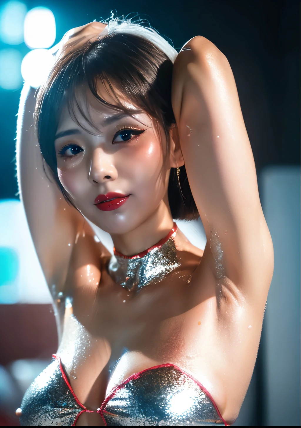 ((Japanese sexy idol))　35 years old　(Blonde short hair with bangs)　((Smokey makeup dark makeup with black eyeshadow))　plump cheeks　((Bright red rouge plump lips))　big breasts　Big eyes　cyberpunk pool　((Super shiny silver metallic cheongsam))　 masterpiece　8K　Drawn from below　((A mature woman with a body that shines with lotion and sweat))　((Glowing, radiant face and skin))　((Glittering armpits))　　Shiny face　Dirty makeup　Plump　look of contempt