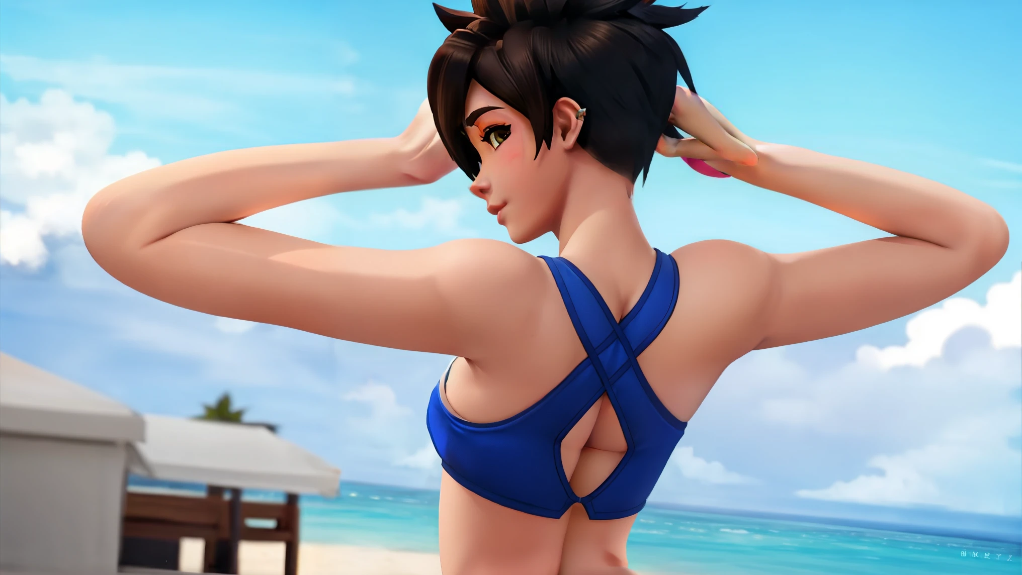 Tracer from Overwatch is wearing a slutty bikini. sexy. bending over. back view. looking at viewer. nsfw. slut. thicc_ass