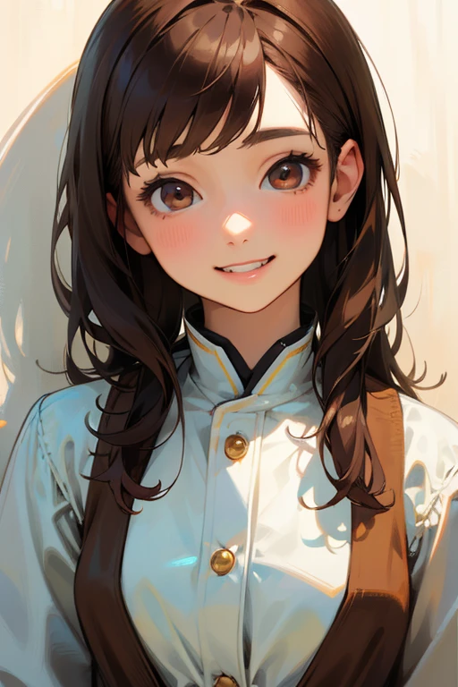 highest quality, work, (realistic: 1,2), 1 girl, brown hair, brown eyes, front, detailed face, beautiful eyes、smile gently、toothy smile、Spring clothes、