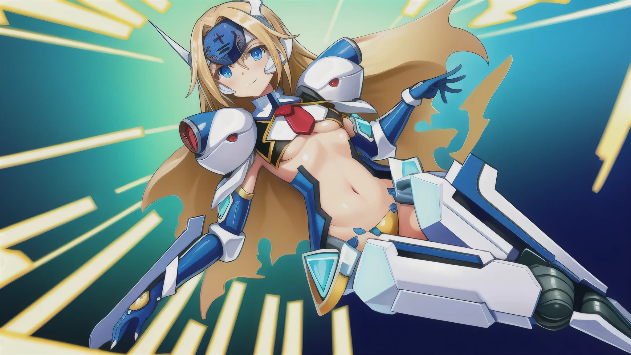 (((masterpiece, extremely detailed, official art, promotional art, abstract background, highres))) , solo, mu-12, blue eyes, blonde hair, long hair, medium breasts, forehead protector, elbow gloves, robot ears, shoulder pads, mecha musume, arm blade, mechanical wings, navel, groin, detailed drawing, detailed hand, detailed finger, detailed face, detailed eyes, smiling at viewer, white background, (mechanical legs:0.9)