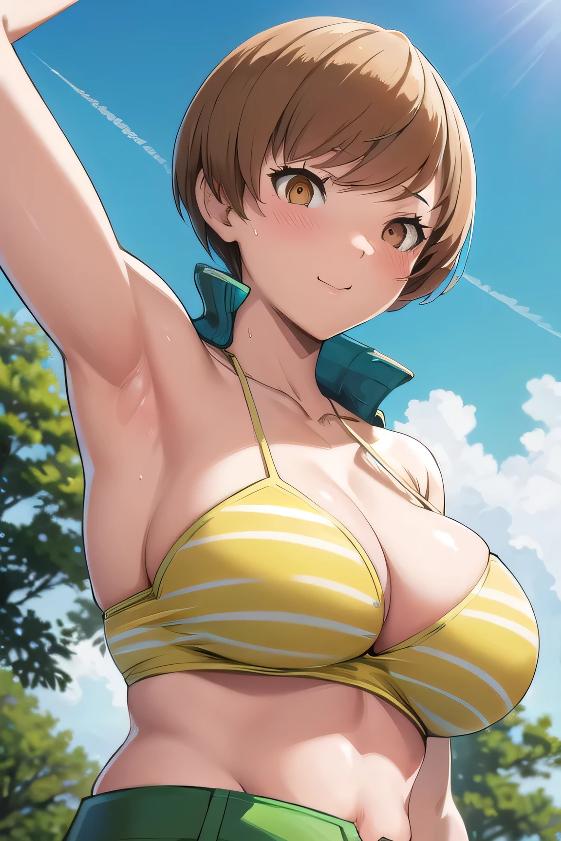 super gigantic breasts,z cup size breasts,wear green jackets,masterpiece, best quality, Green bikini,underboobs, Satonaka Chie, outdoors, blowing kiss,,Show armpit,view from below