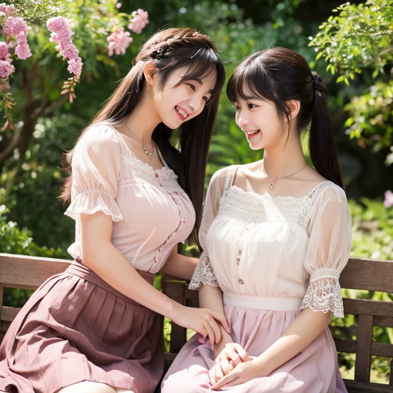 finely, High resolution, high quality、perfect dynamic composition, detailed and beautiful eyes, twin tail hair, beautiful breasts 、natural color lip, close up of face,Kamimei、2 girls included、transparent skin、shining hair、Pink luxury clothes、Fluffy skirt、intricate lace、Maid clothes、intricate hair ornament、intricate earrings、intricate necklace、laughter、botanical garden、two people facing each other、
