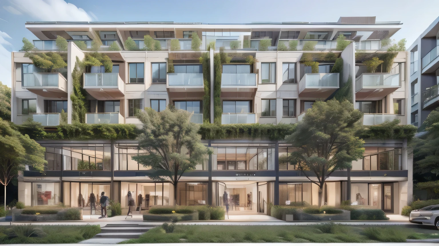 rendering of a building with a lot of windows and a lot of trees, modern lush condo as shopfront, mixed development, mid-view, mantra rendering, by Fletcher Martin, residential, architectural rendering, artist impression, artistic impression, ground level view, wide angle exterior 2022, artist's impression, perspective view, view from ground level, elevation view