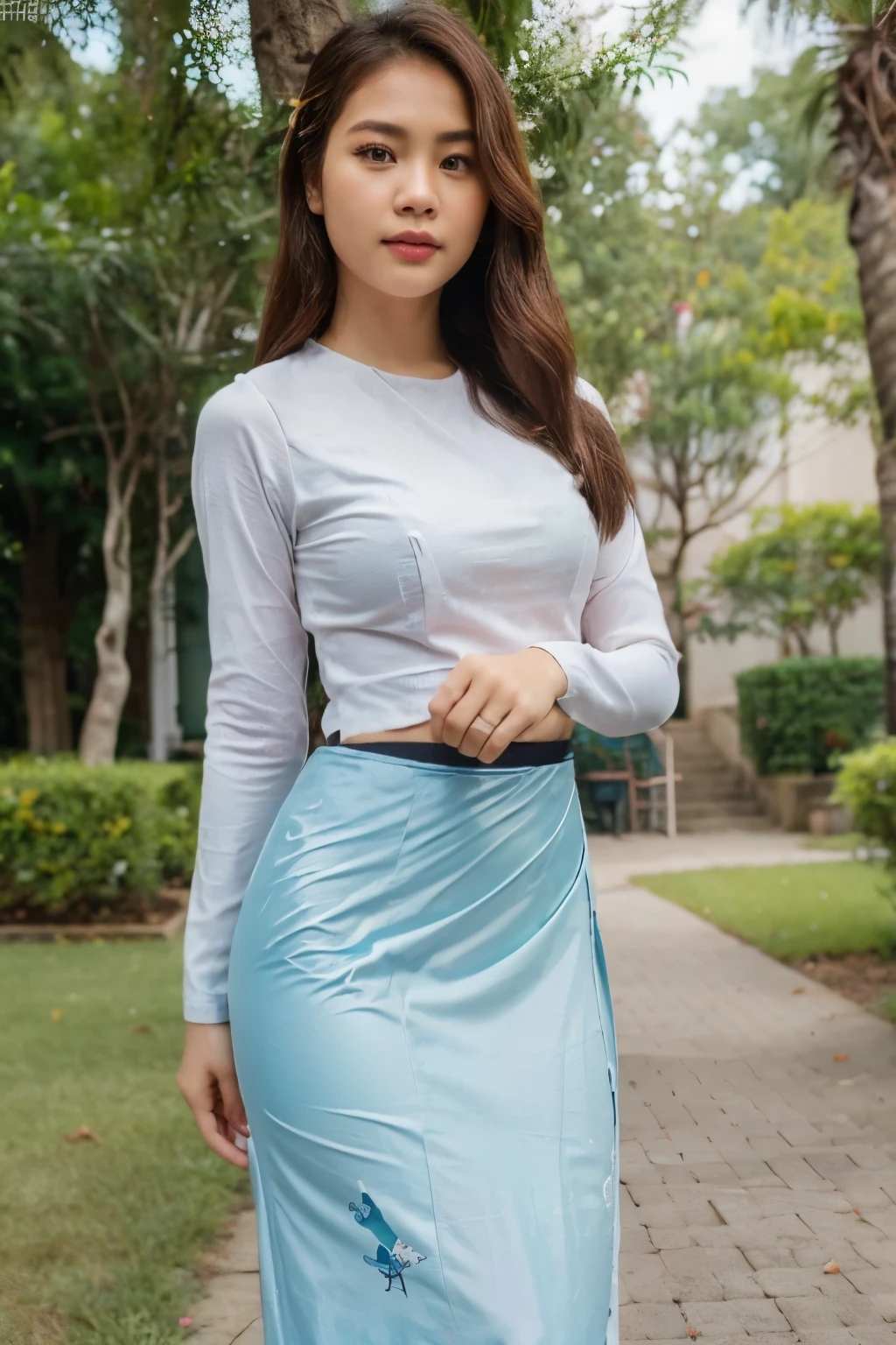 ultra high res.photorealistic:.1.4,UHD), (best quality, 4k, 8k, high-res, masterpiece:1.2), ultra-detailed, (realistic, photorealistic, photo-realistic:1.37), (beautiful detailed, extremely detailed), perfect lighting, vivid colors, ( shiny hair, shiny skin), standing and looking at the viewer, outdoor background, Burmese girl, acmm ls outfit, wearing acmm top, (white) acmm top, long sleeves, wearing acmm long skirt, (blue) acmm long skirt, printed skirt, realistic