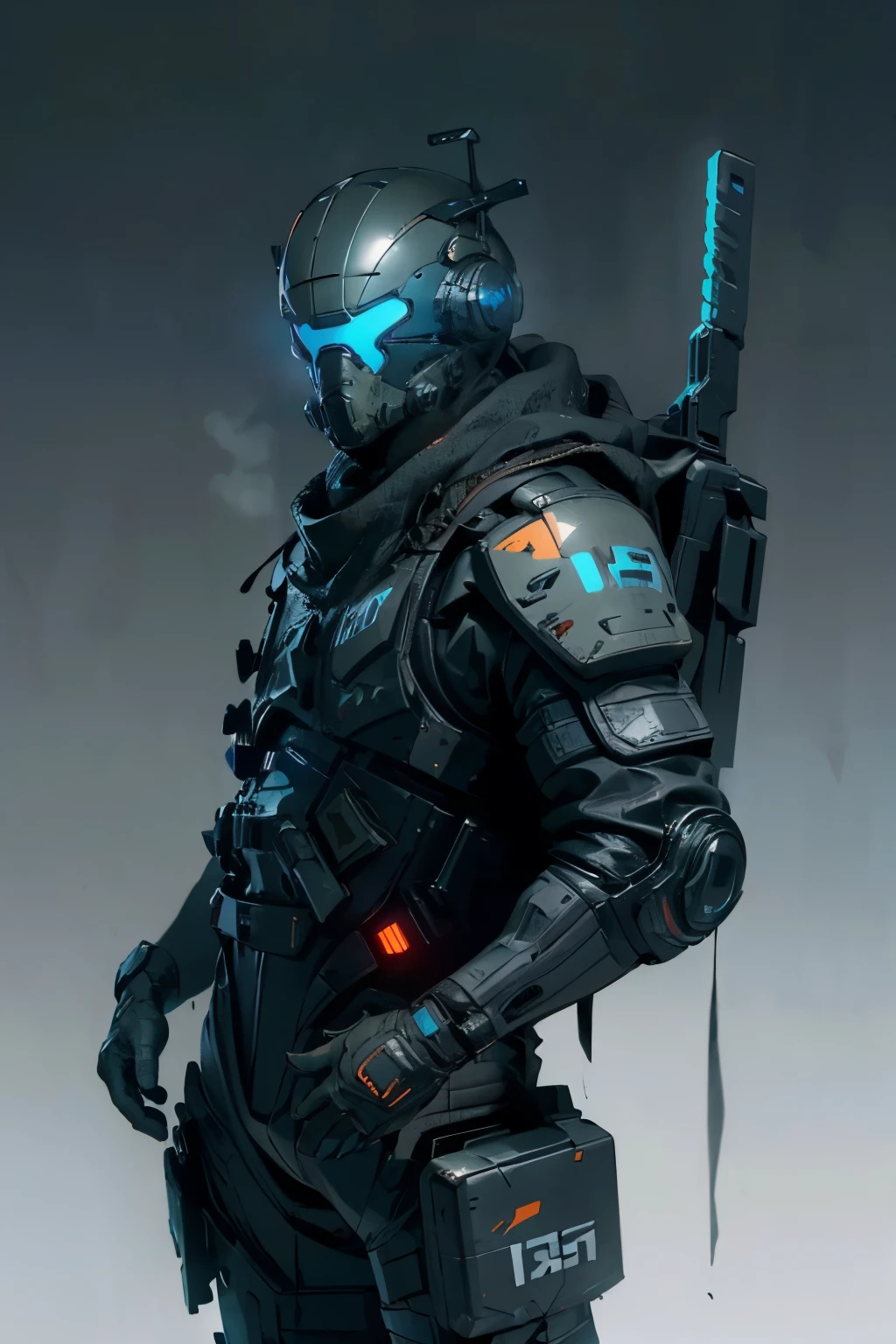 pilot outfit, cyberpunk style, futuristic, (pilot helmet, visor, hidden face, glowing eyes, shadowy figure, menacing look, covered face, unknown pilot), pilot, half body, lancer ttrpg, lancer pilot