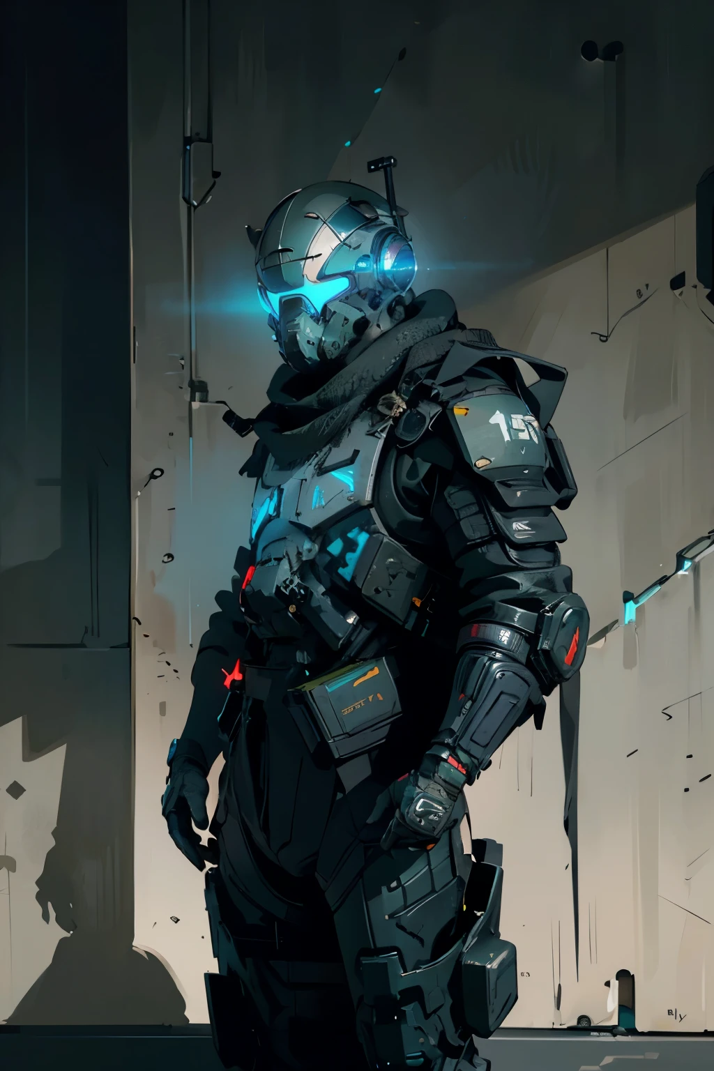 pilot outfit, cyberpunk style, futuristic, (pilot helmet, visor, hidden face, glowing eyes, shadowy figure, menacing look, covered face, unknown pilot), pilot, half body, lancer ttrpg, lancer pilot