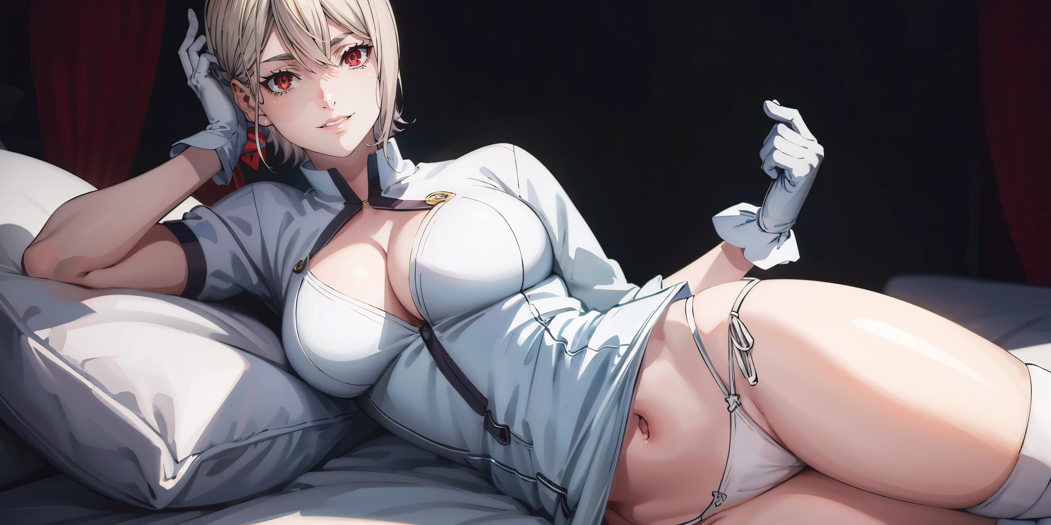 EFT_Foodwars_Alice, short hair, silver hair, red eyes, curvy, anatomically correct, huge breasts, best quality, masterpiece, high quality, high details, highress, HD, breasts, 1girl, lying, breasts, underwear, solo, gloves, panties, on_side, cleavage_cutout, cleavage, white_panties, looking_at_viewer, white_gloves, lips, bed, pillow, "Vector art, Vivid colors, Clean lines, Sharp edges, Minimalist, Precise geometry, Simplistic, Smooth curves, Bold outlines, Crisp shapes, Flat colors, Illustration art piece, High contrast shadows, Technical illustration, Graphic design, Vector graphics, High contrast, Precision artwork, Linear compositions, Scalable artwork, Digital art", (shaded face:1.2), hollow eyes, red eyes, looking at viewer, heavy breathing, seductive smile, upper teeth, nsfw, nsfw art,
