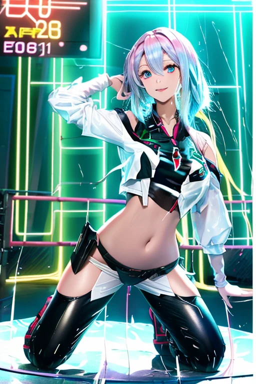 (Seios grandes Hatsune Miku,electronic singer,cabelo verde,Ombros nus,uma saia preta,mangas pretas,(Blusa de cor branca),Roupas brancas,8k,A high resolution,olhos verdes,fundo do concerto,No local do concerto,em concerto,Only beautiful thighs are exposed,the clothes are white,appear on the arm is 01,The number is 01,fundo brilhante,Leaves', cabelo de alta qualidade 8k ,The eyes of the anime heroine,Olhos de detalhes ultraelevados,olhos de alta qualidade,gravata longa,The length of the tie is thirty cm,Olhos de alto detalhe , and in panties and bra, full body wet from the rain