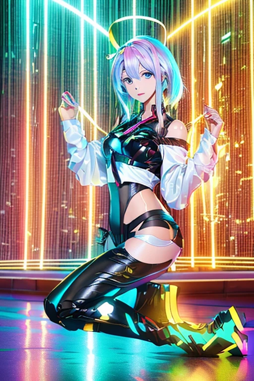 (Seios grandes Hatsune Miku，electronic singer，cabelo verde，Ombros nus，uma saia preta，mangas pretas，(Blusa de cor branca)，Roupas brancas，8k，A high resolution，olhos verdes，fundo do concerto，No local do concerto，em concerto，Only beautiful thighs are exposed，the clothes are white，appear on the arm is 01，The number is 01，fundo brilhante，Leaves&#39;, cabelo de alta qualidade 8k ，The eyes of the anime heroine，Olhos de detalhes ultraelevados，olhos de alta qualidade，gravata longa，The length of the tie is thirty cm，Olhos de alto detalhe , and in panties and bra, full body wet from the rain 