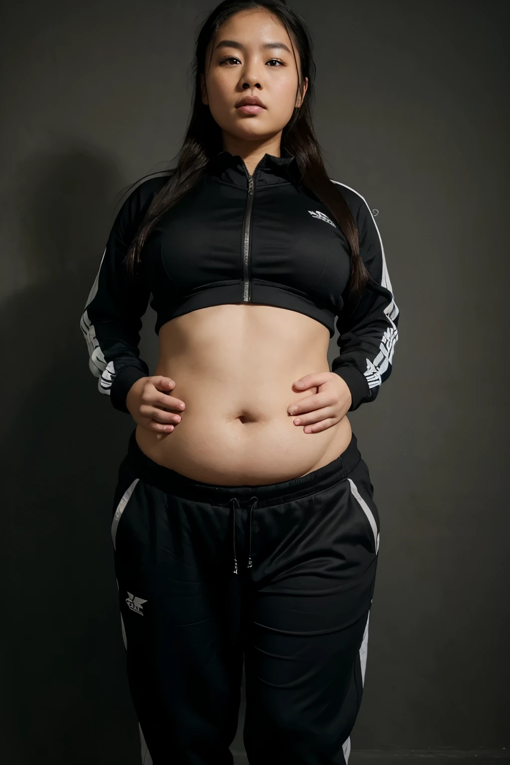 a chubby and potbellied asian woman wearing a black tracksuit with her face expressing worry and sad looking at her belly, hands at her belly, gym background, dark warm lightning
