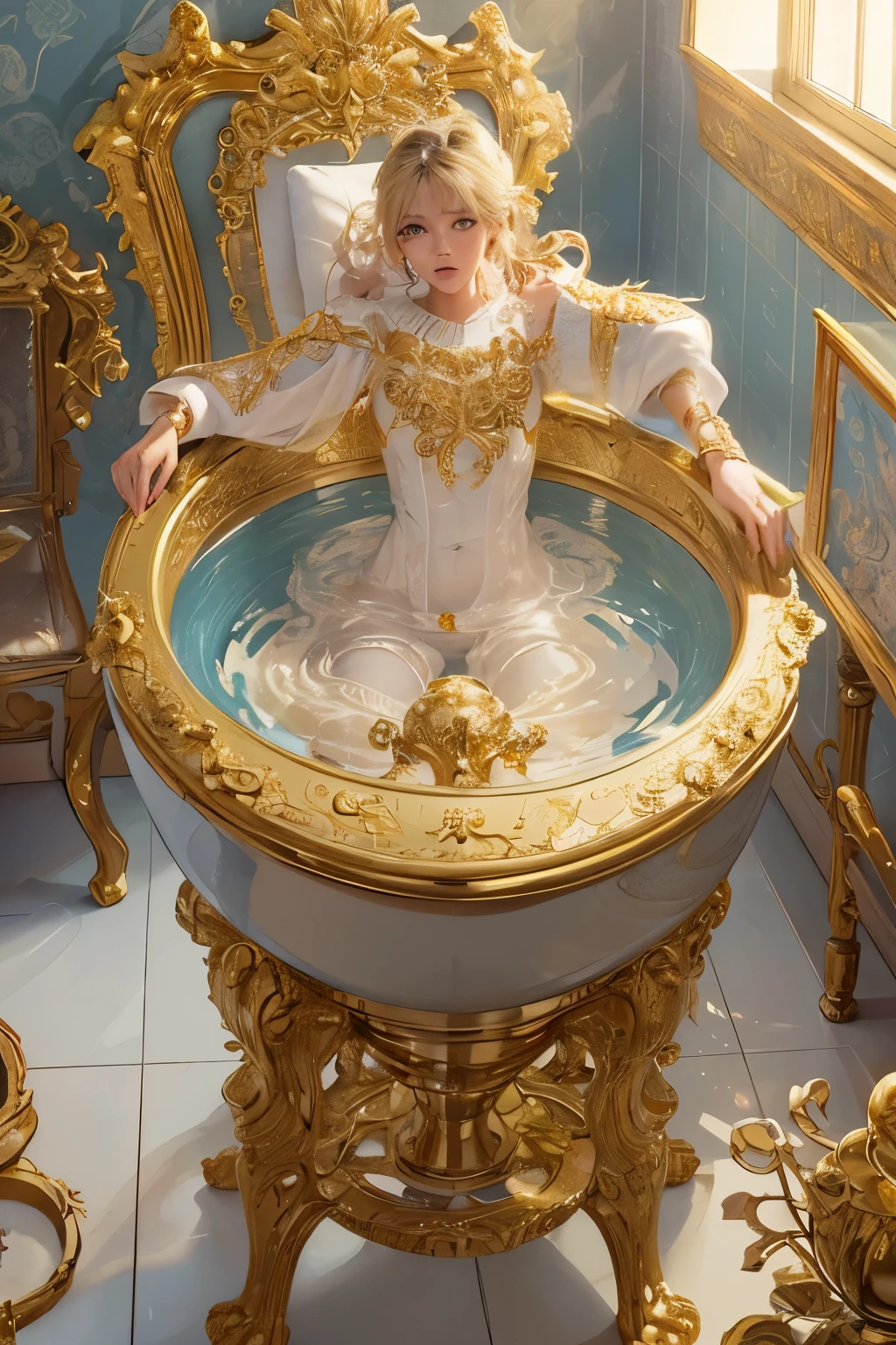 (Masterpiece, Top Quality, Best Quality, Official Art, Golden Toilet: 1.2), (One object), Hyper Realistic, Detailed, Bathroom Setting,
Golden hue radiates from the antique porcelain toilet, intricately designed with intricate curves and patterns, giving an air of elegant sophistication,
A mirror above reflects the room's dimly lit atmosphere, casting a warm, soft glow on the toilet's gleaming surface,
Water droplets sparkle on the edge of the toilet bowl, ripples forming intricate patterns on the surface,
Fine lines and textures can be seen on the toilet's decorative frames, each detail met