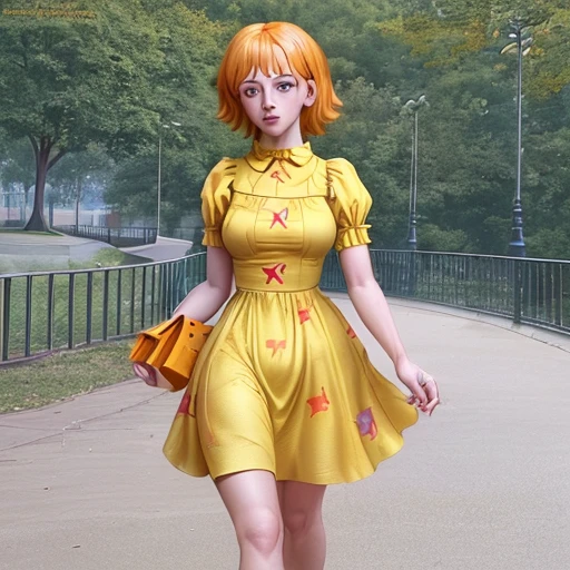 29 year old girl walking at a park wearing a yellow dress