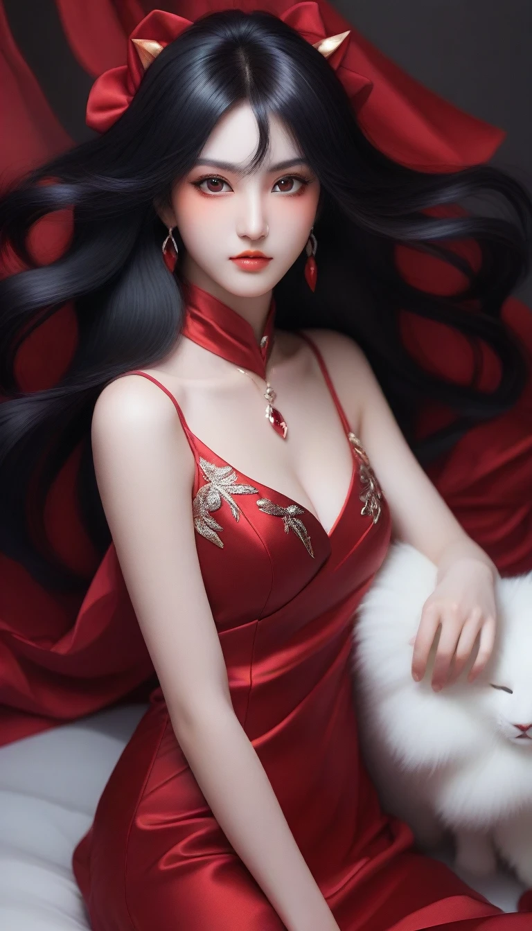 A like girl beautiful anime girl with long black hair and red dress sitting on a bed, portrait of ahri, extremely detailed artgerm, ahri, ahri from league of legends, irelia, irelia from league of legends, artgerm. high detail, artgerm and rossdraws, ig model | artgerm, artgerm detailed