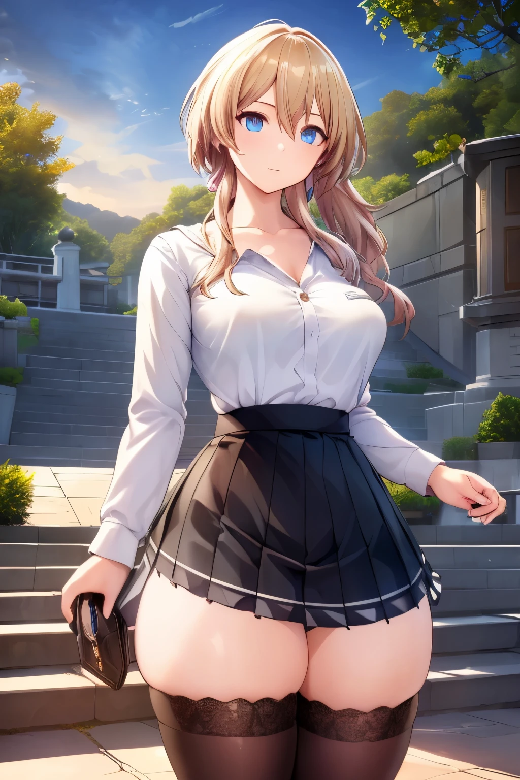 (masterpiece:1.2, top-quality), (realistic, photorealistic:1.4), beautiful illustration, (natural side lighting, movie lighting), looking at viewer, cowboy shot, front view:0.6, 1 girl, japanese, high school girl, perfect face, cute and symmetrical face, shiny skin, (middle hair:1.7, side ponytail:1.7, blond hair), hair between eyes, blue eyes, long eye lasher, (large breasts:0.9, thick thighs), beautiful hair, beautiful face, beautiful detailed eyes, beautiful clavicle, beautiful body, beautiful chest, beautiful thigh, beautiful legs, beautiful fingers, ((black pleated mini skirt, black stockings, unbuttoned white shirt)), black hair ribbon, pink panties, (beautiful scenery), evening, riverside, walking, hands on chest, (excited face, very happy),