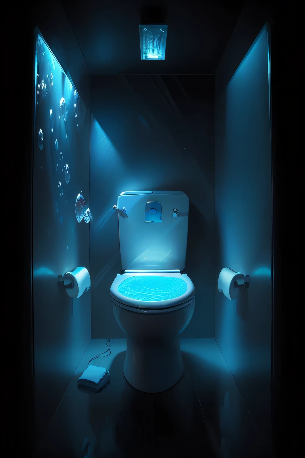 Picture a highly detailed and hyper-realistic image of a toilet floating within a giant fish bubble in a surreal underwater scene. The toilet, with all its intricate textures and accurate illustration, is suspended in the middle of the bubble, which is transparent and shimmering with an iridescent glow. The water around the bubble is filled with swirling schools of colorful fish and delicate bubbles rising to the surface.
As the sunlight filters into the water, it casts complex play of light and shadow on the toilet, giving it a lifelike texture that feels as if it's really there. The intricately detailed porcelain surface reflects the colors of the surrounding water, and the deep blue