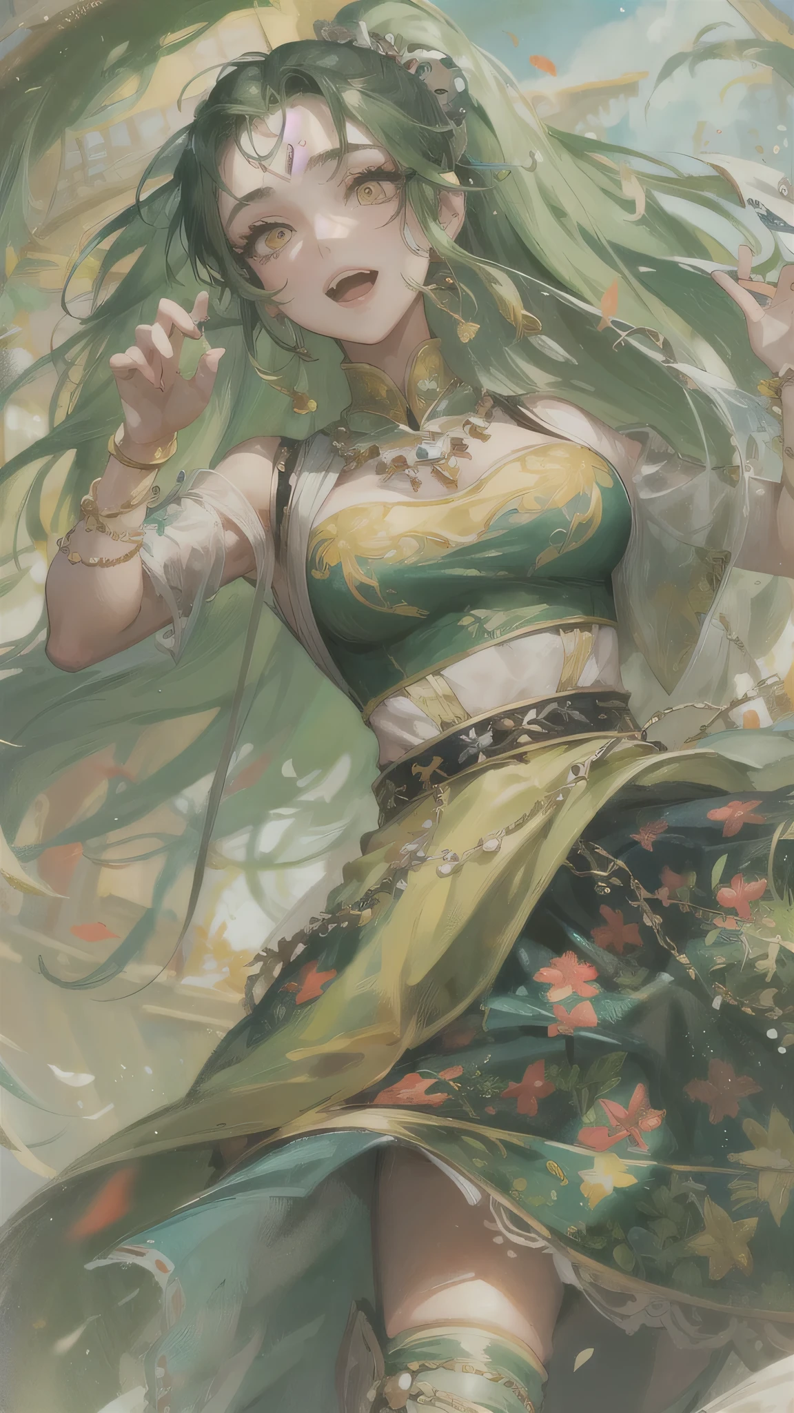 perfect anatomy, masterpiece:1.4, best quality, 8k, beautiful detailed grow, (in the Festival Venue), low-angle (Dance Style) (solo:1.3 ponytail green hair long hair Professional cute dancer girl, cute yellow eyes), ((make-up face)), (best smile), break, (jumping and high kicking), (in a detailed beautiful Gypsy dancer's outfit).