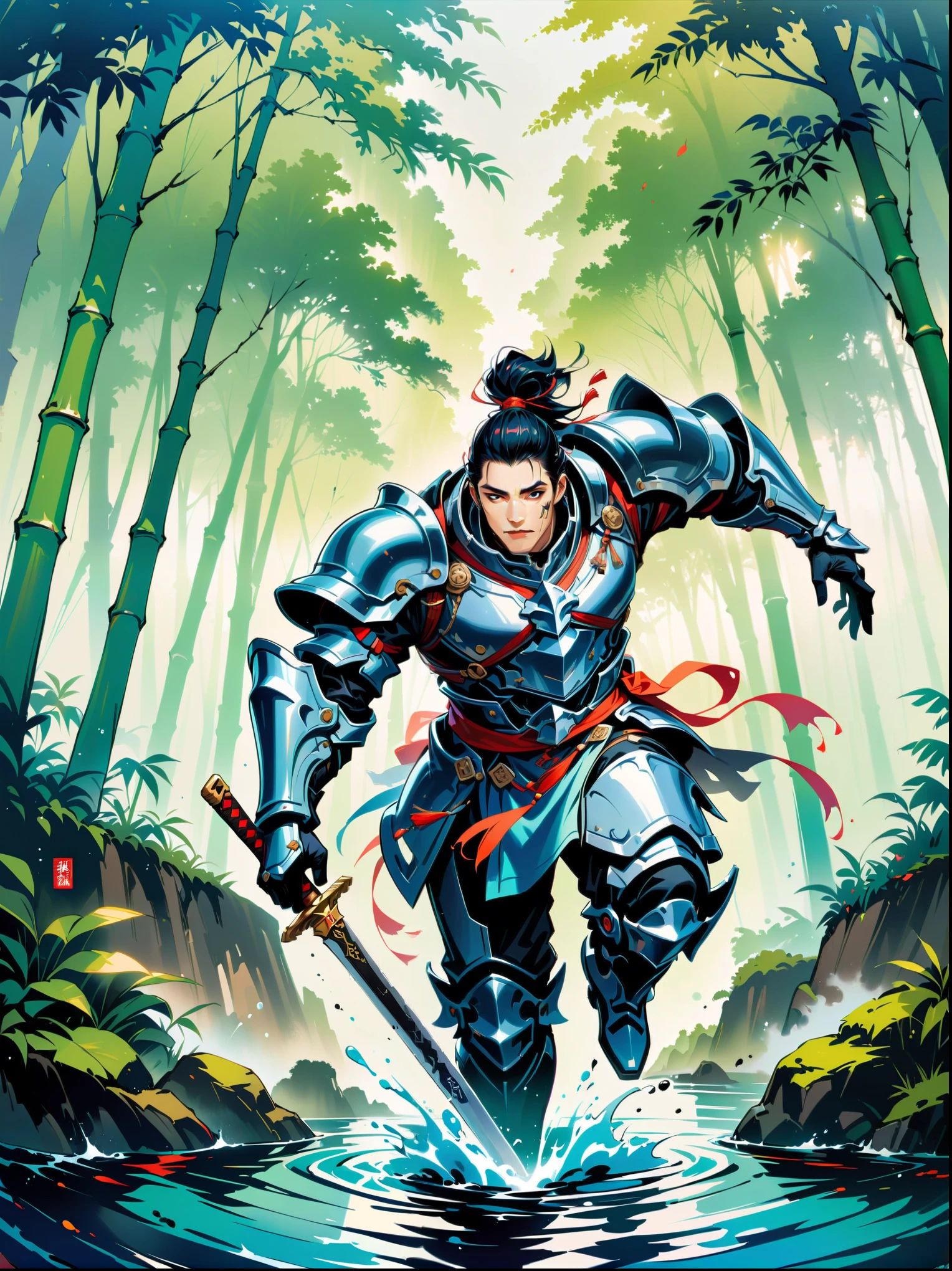 Ink painting,Male knight on the water,((Anatomically correct and precise facial structure, detailed facial depiction, and delicate facial features)),A bamboo forest behind,sword,landscape,Ultra HD resolution,Freehand style,majestic,Natural light,(first-person view, masterpiece, ccurate, high details, best quality, 8k)