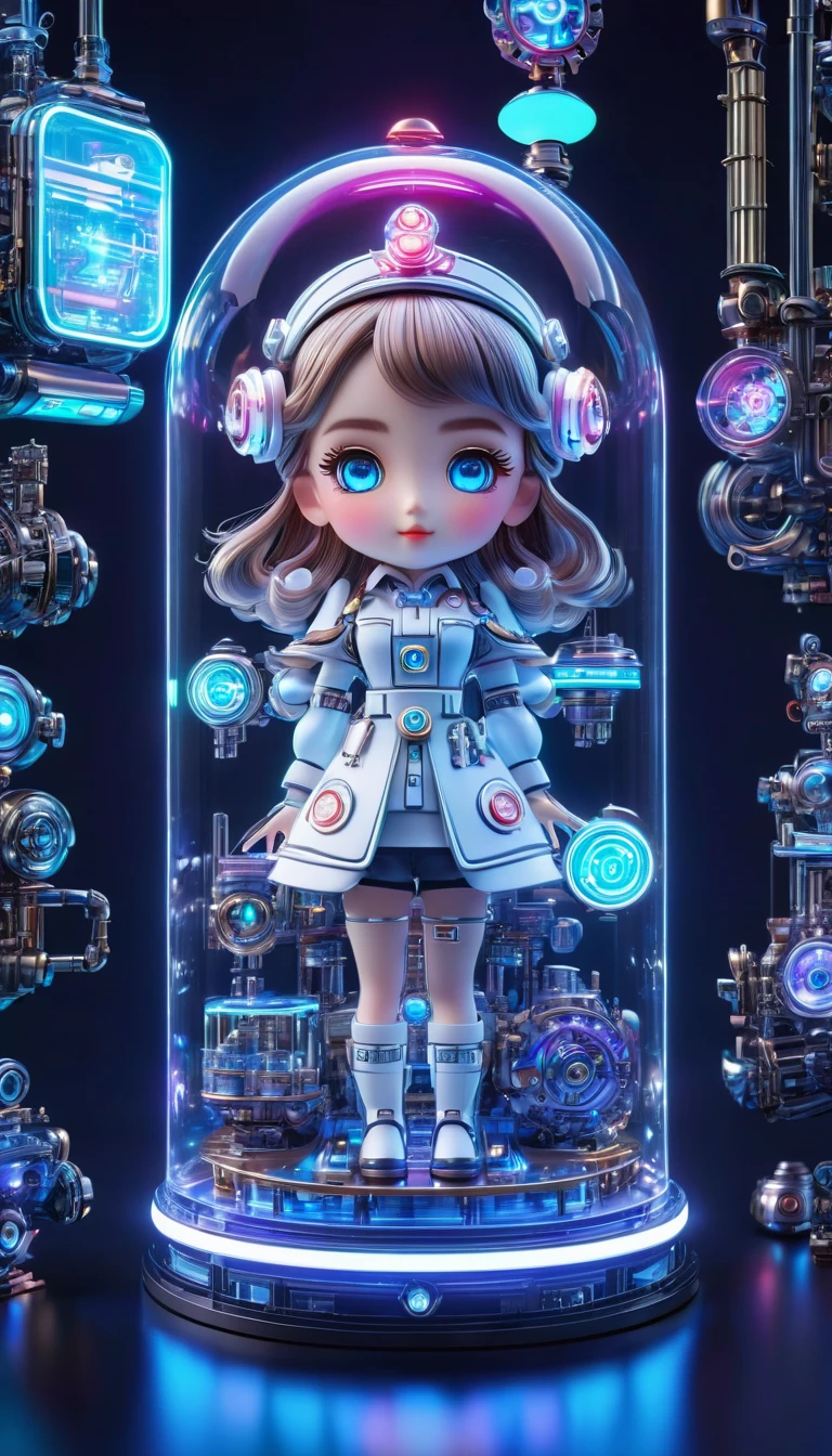 Pixar style, (Blind box toy style:1.2), (full-body shot) , 1 transparent cute mechanical nurse doll, Transparent mecha, Exquisite nurse hat:1.2, 夜Light护目镜:1.2, Colorful neon Lights, High-tech mechanical parts, Metal body, Detailed mechanical metal design, bright colors, 動態發Light, 反Light金属表面, Bright environment, dynamic poses, Exquisite presence, Skills Improvement, Interlocking mechanical gears, Stylish design, motion blur effect, Metalworking details, Sci-fi atmosphere, Streamlined aerodynamic shape, 激Light扫描图案, Holographic projection, LED Light track, beautiful and unforgettable, Advanced sensors, complex algorithm, Ominous and mysterious atmosphere, electric spark, Shiny chrome plating, Propulsion systems of the future, Clean, White background, (global illumination, Light线追踪, high dynamic range, Unreal rendering,Reasonable design, high detail, masterpiece, best quality, ultra high definition, Light)，chibi，locomotive，3D style