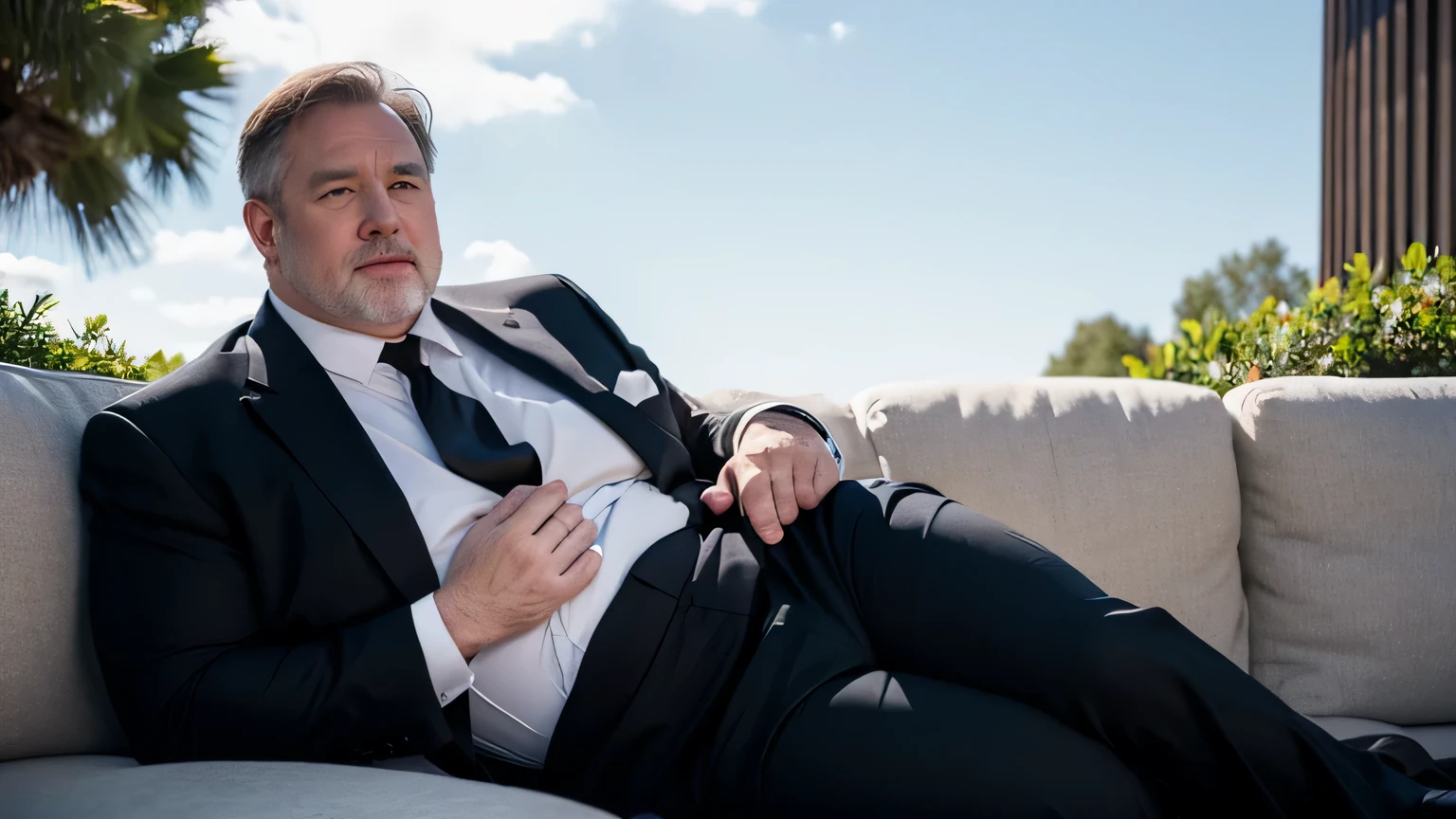 age 60, chubby white man, black suit, daddy, bear belly, bulge，topless