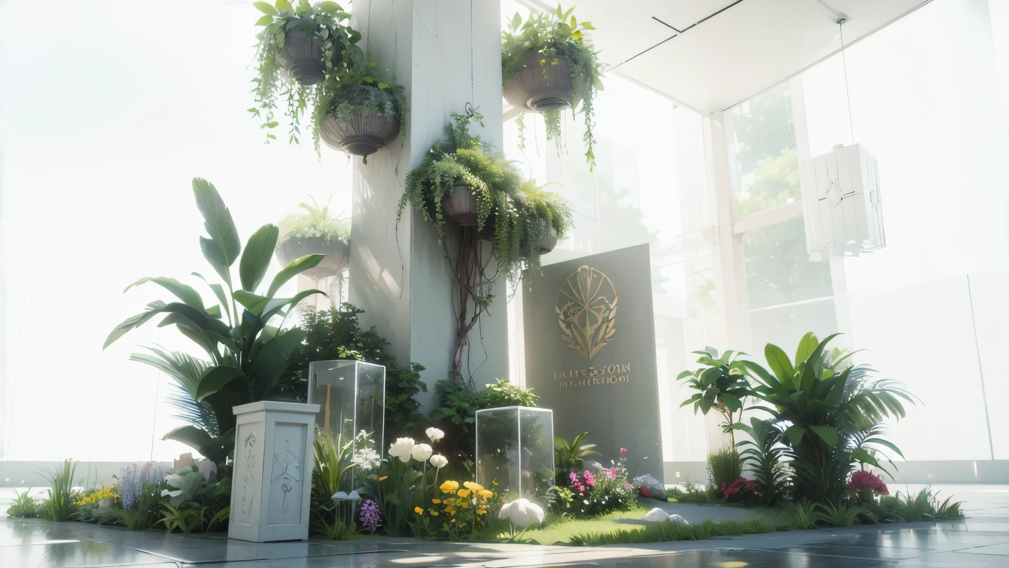 There is a white sculpture，There is a cross on it，Surrounded by plants, Flower Tower, Encapsulated rendering, floral environment, architectural rendering, Complex 3D rendering, Complex 3D rendering, very Detailed rendering, Forest of plants in glass tubes, plant architecture, 3D rendering style, Detailed rendering, Detailed rendering, There are flowers and plants, There is a lot of vegetation，high contrast shadows、ultra high resolution、HD quality、high detail、Very detailed、beauty、architectural fragment、Surrealism、Unreal Engine 5