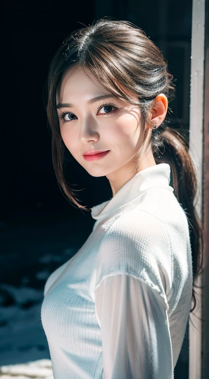 (RAW photo, best quality), (realistic, photo-Realistic:1.1), best quality, masterpiece, beautiful and aesthetic, 16K, (HDR:1.2), high contrast, (vibrant color:1.3), (muted colors, dim colors, soothing tones:0), cinematic lighting, ambient lighting, sidelighting, Exquisite details and textures, cinematic shot, Warm tone, (Bright and intense:1.1), wide shot, by xm887, ultra realistic illustration, siena natural ratio, (snow theme:1.4), (Cute girl costume:1.4), head to toe, dark brown ponytail hairstyle, (a smile on one's face:0.9), purple bracelet, in a tight army uniform, a sexy neighbor's wife, Pale skin, icy eyeshadow, hairclip, femme fatale, cinematic lighting, ambient lighting, sidelighting, Black background, Studio lighting, professional photography