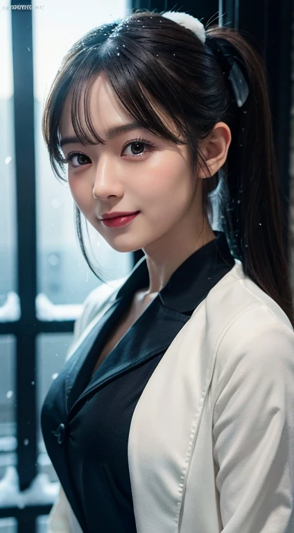 (RAW photo, best quality), (realistic, photo-Realistic:1.1), best quality, masterpiece, beautiful and aesthetic, 16K, (HDR:1.2), high contrast, (vibrant color:1.3), (muted colors, dim colors, soothing tones:0), cinematic lighting, ambient lighting, sidelighting, Exquisite details and textures, cinematic shot, Warm tone, (Bright and intense:1.1), wide shot, by xm887, ultra realistic illustration, siena natural ratio, (snow theme:1.4), (Cute girl costume:1.4), head to toe, dark brown ponytail hairstyle, (a smile on one's face:0.9), purple bracelet, in a tight army uniform, a sexy neighbor's wife, Pale skin, icy eyeshadow, hairclip, femme fatale, cinematic lighting, ambient lighting, sidelighting, Black background, Studio lighting, professional photography