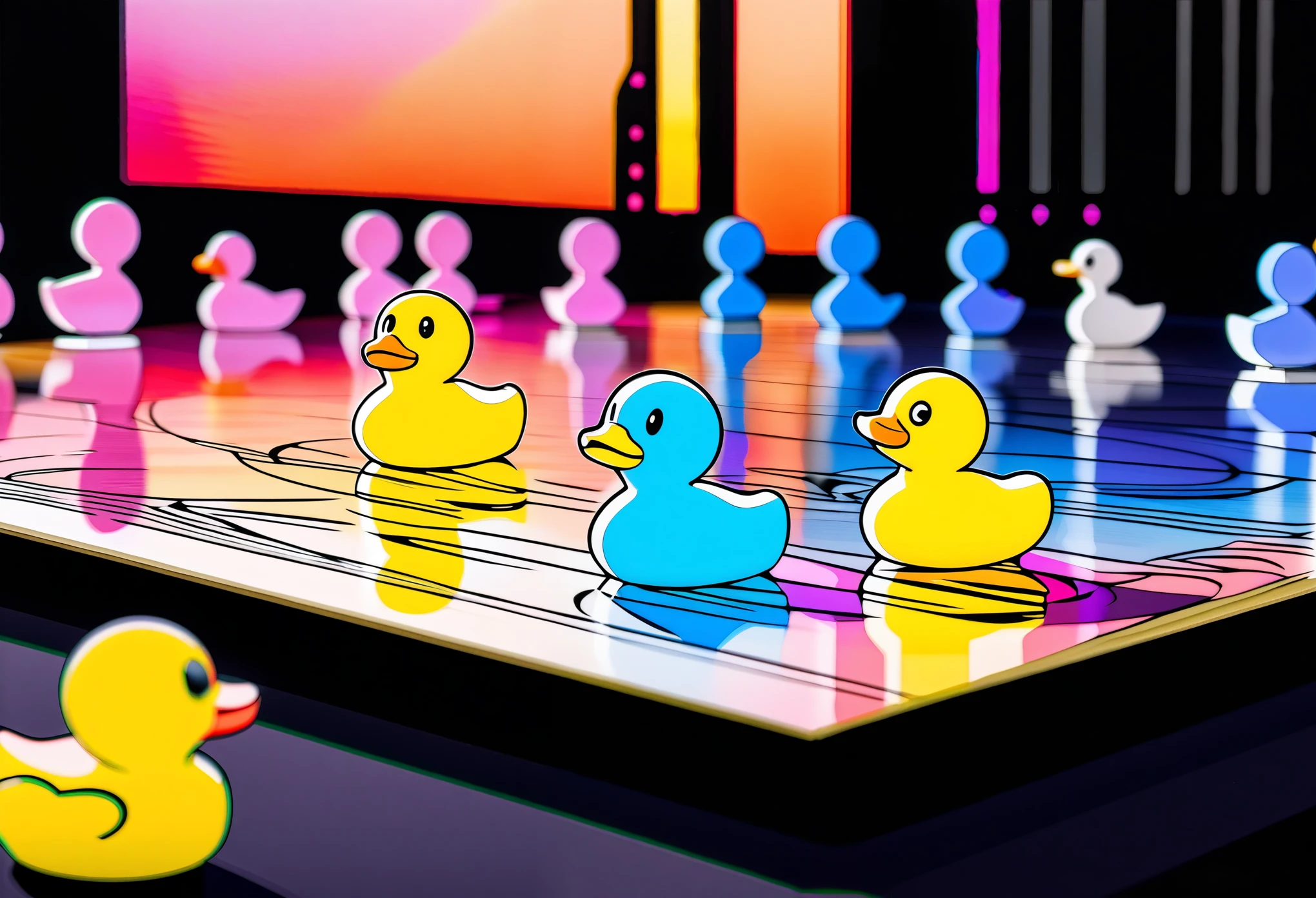 ink style figure, rubber duck, adorable cute, (wordless, single image), expressive ink, precise harsh stroke lines, animated cel, rotoscope, rich color grading shading shadows depth, nuanced watercolor background, hand drawn, accurate, detailed, craftsmanship, nighttime, chiaroscuro lighting, unified color scheme, simple lines, subtle flourish reflection
