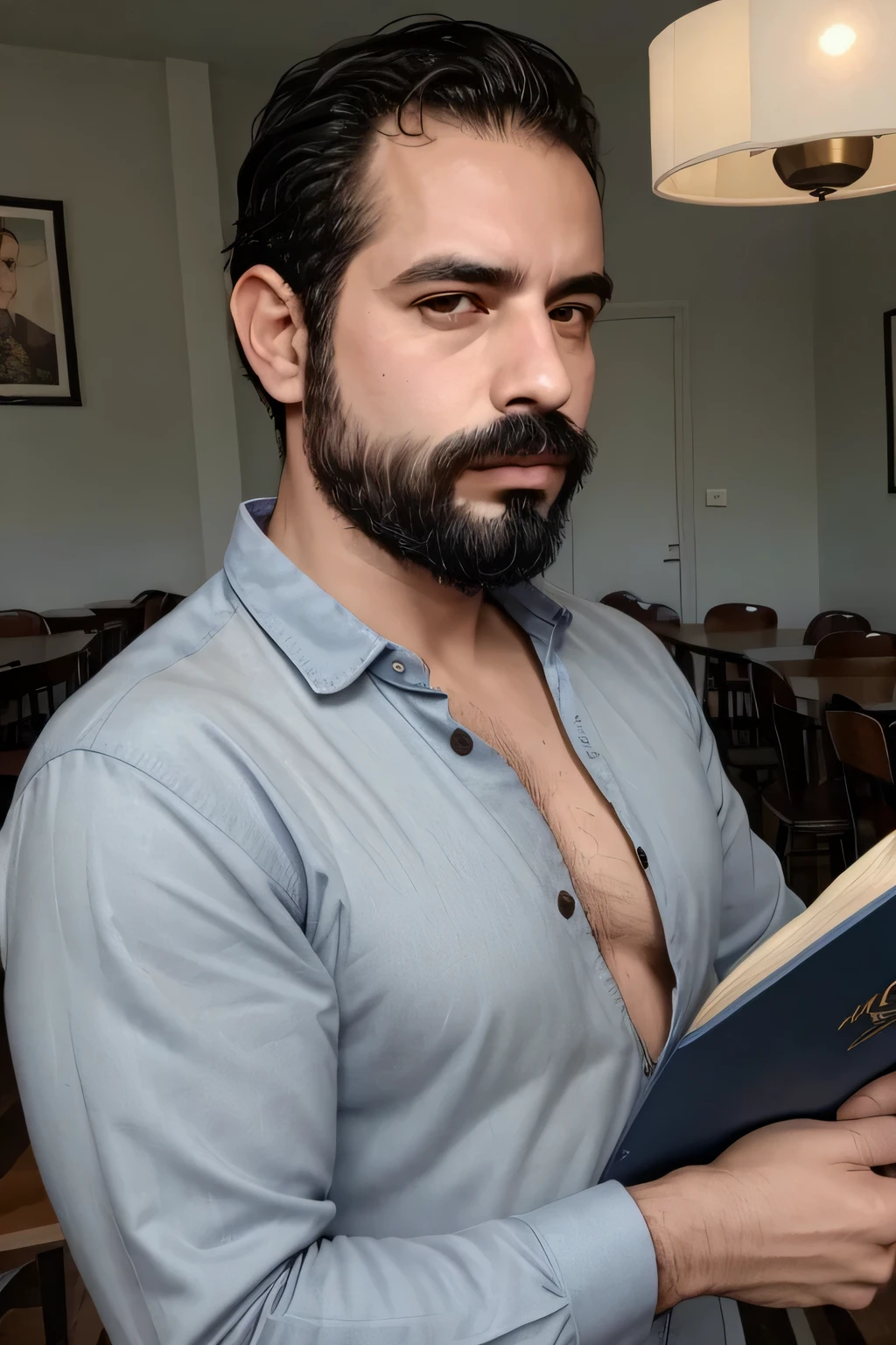 Hombre arafed con barba corta y camisa posando para una foto., raphael lecoste, George Doutsiopoulos, he has a big french mustache, Stefano Brunesci, lucas sebastian, plano medio de un guapo, Alessandro Bavari, riccardo federici, hombre guapo, marco bucci, diego fazio, simone graci, hombre guapo,el esta en un cafe., libro de lectura
