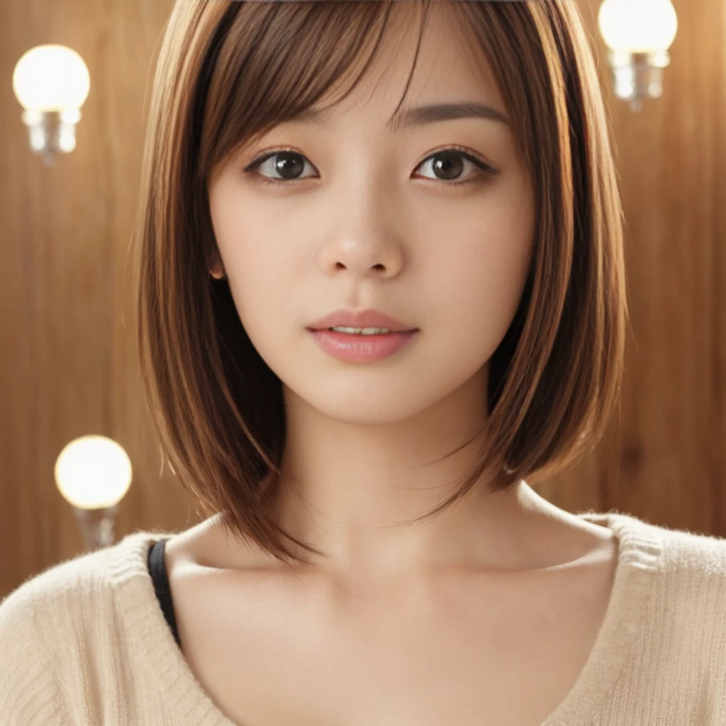 masterpiece、highest quality、High resolution、table top、wallpaper、realistic、bright lighting、professional lighting、face light、smooth lighting、japanese woman、adult、Beautiful woman、action、gravure、sexy、poor、super beautiful、beautiful skin、beautiful and detailed eyes、detailed face、slim、moderately、short hair、brunette colored hair、brown eyes、look at the camera、cleavage、(ecstasy:1.5)、thin sweater、(close up of face:2.0)