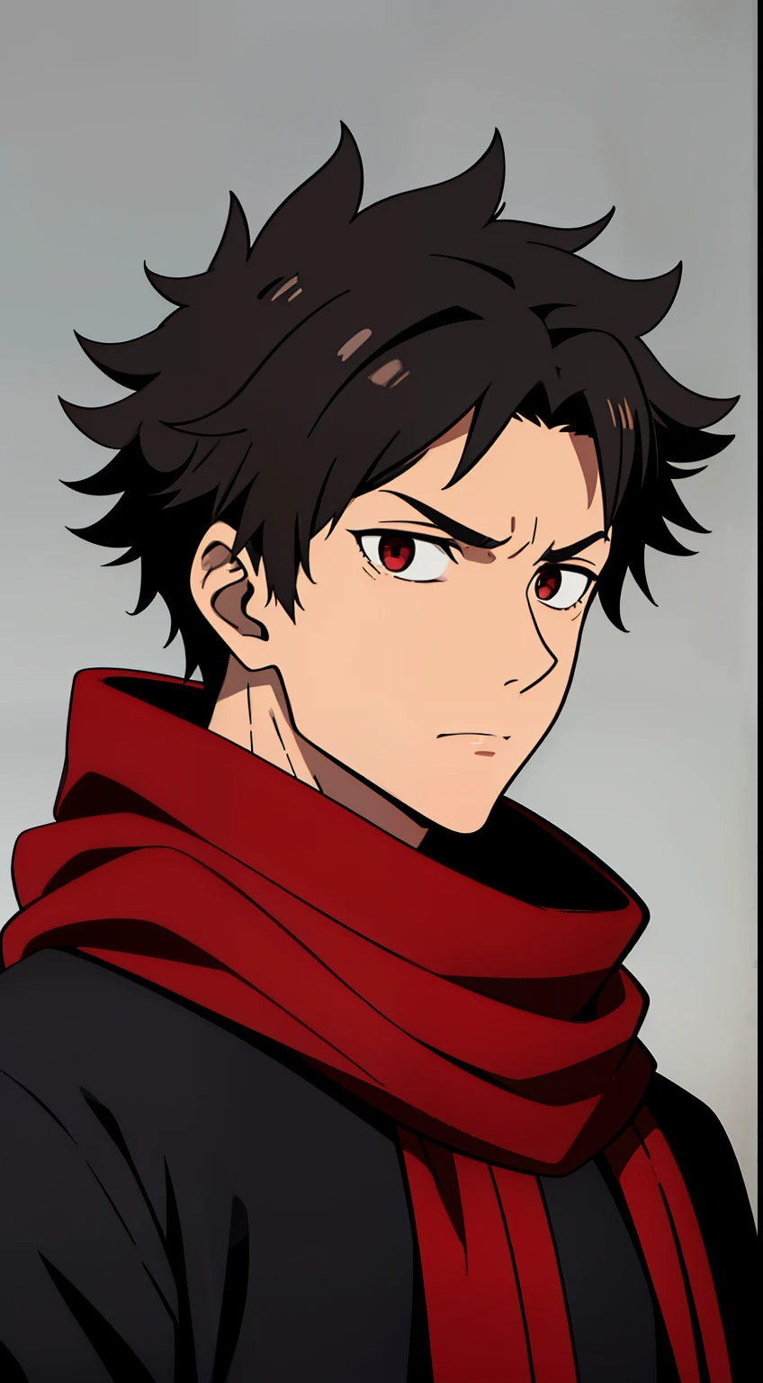 (high-quality, breathtaking),(expressive eyes, perfect face) 1boy, male, solo, age 18, teenager age, masculine face, black color hair, red eye color, spiky fluffy hair, short hair length, messy loose hair, red and black tunic, greek clothing, ancient greek clothing, greek god, black scarf, narrow eyes, Symmetrical Eyes, portrait, serious expression, grey background
