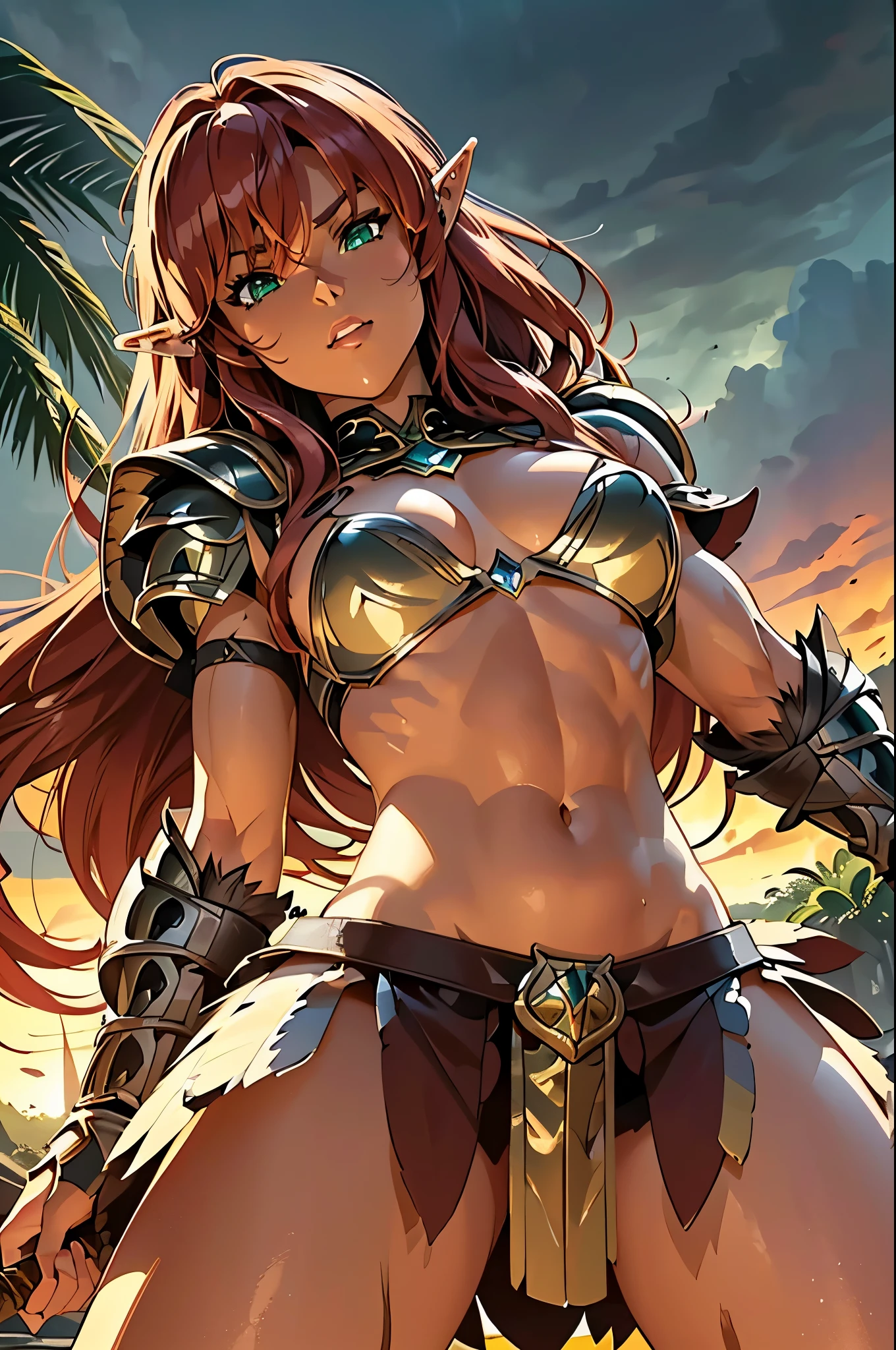 ((8k, ultra quality)), ((masterpiece)) barbarian woman (elven short ears), (dark skin:1.3), (perfect face), (perfect lips), (beautiful smirk, cute serious facial expression), (beautiful bright green eyes), (long flowing red hair), (perfect body), defined jawline, beautiful lips, (long red flowing wavy hair), (perfect anatomy), ((athletic body)), slim body, (sexy)(small breasts) small breasts, (thick thighs) (perfect anatomy), (perfect female figure), (athletic body), (sexy), smooth body, (perfect hands) (wearing barbarian outfit), (pelt armor), (wielding two swords in each hands) one sword in each hand (detailed blades), looking at viewer, (POV from below), (medium full shot photograph), dynamic pose, (tropical rain forest background), anime style,