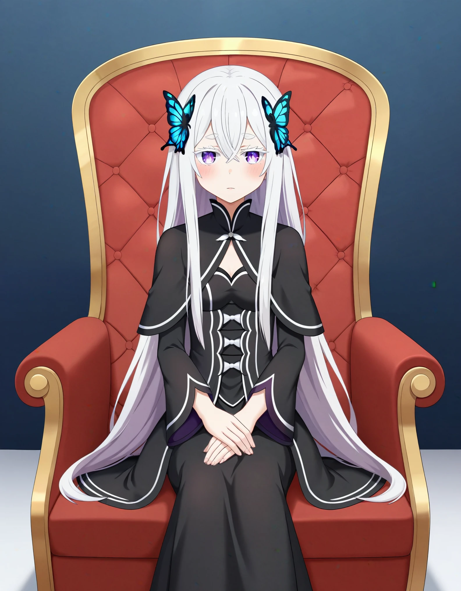 (masterpiece, best quality, very aesthetic, ultra detailed), intricate details,
1girl, echidna \(re:zero\), re:zero kara hajimeru isekai seikatsu, white hair, colored eyelashes, white eyelashes, bright pupils, violet eyes, long hair, sidelocks, black capelet, black dress, layered dress, butterfly hair ornament, chair,  sitting, blush,