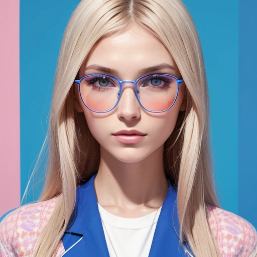 front focus, medium portrait portrait of a French supermodel. pastel geometric patterns on clothes, futuristic big glasses, fashionable outfit on a sky blue background. This is a minimalistic portrait with a high tonal range.